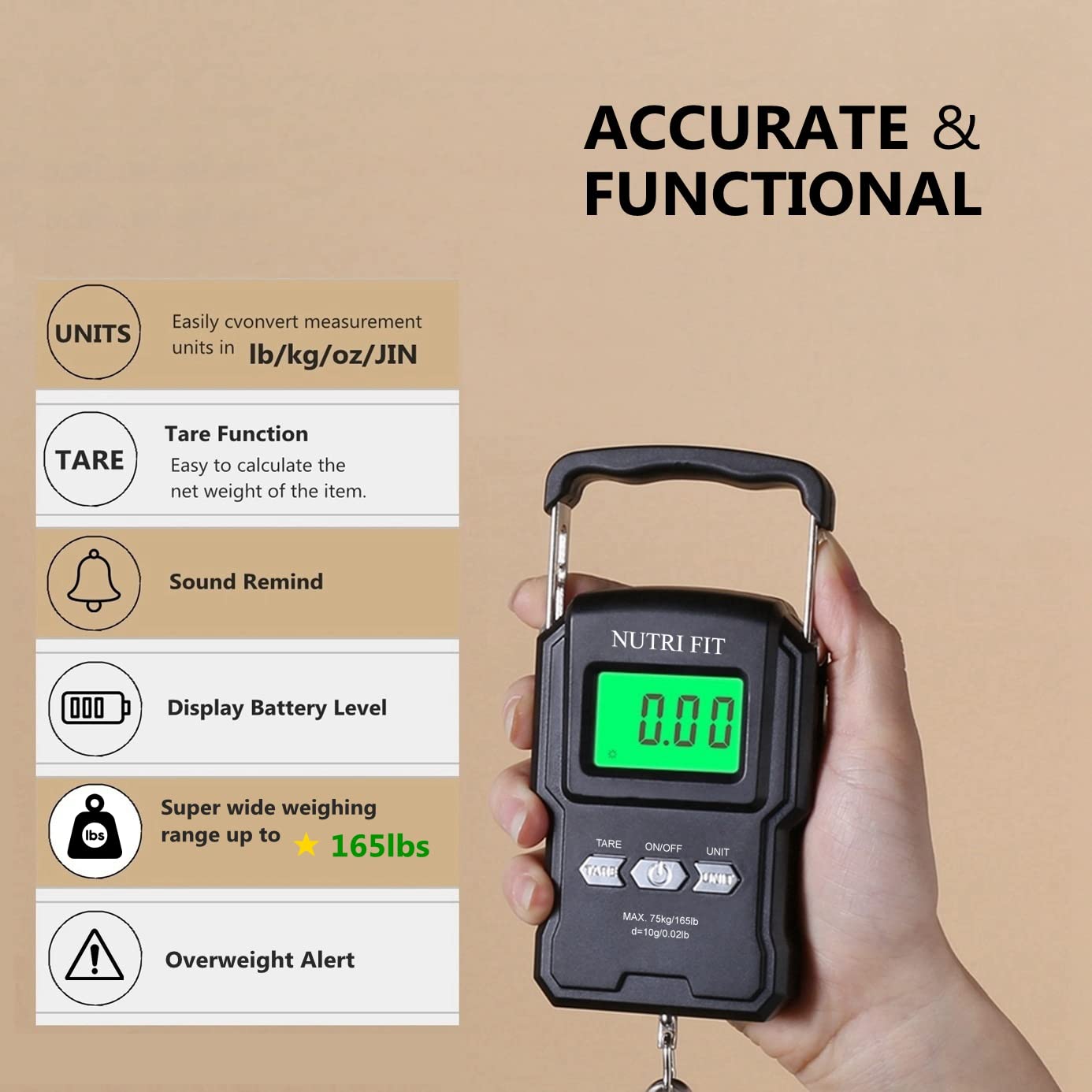 **Digital Luggage Scale with Hook - 165lb/75kg Portable Handheld Suitcase Weigher & Fish Scale - Includes Measuring Tape for Travel, Fishing, Hunting, Camping & Outdoor Adventures**
