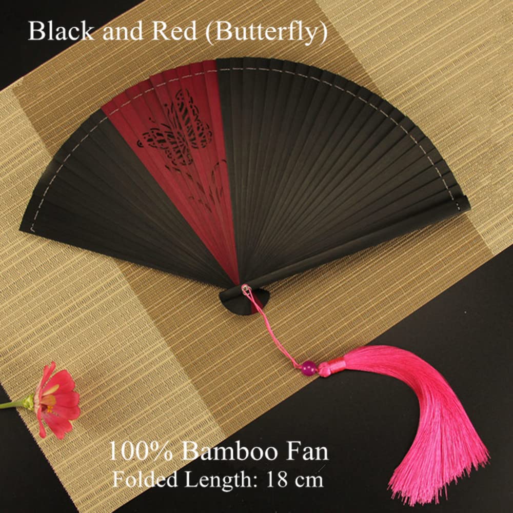 Premium 100% Bamboo Hand Fan - Foldable Wedding Fan with Elegant Tassel | Traditional Chinese & Japanese Style Decorative Fan | Perfect Gift for Friends, Bridesmaids & Wedding Guests | Great for Weddings, Tea Ceremonies, Cosplay & Summer Cooling (Black & Red)