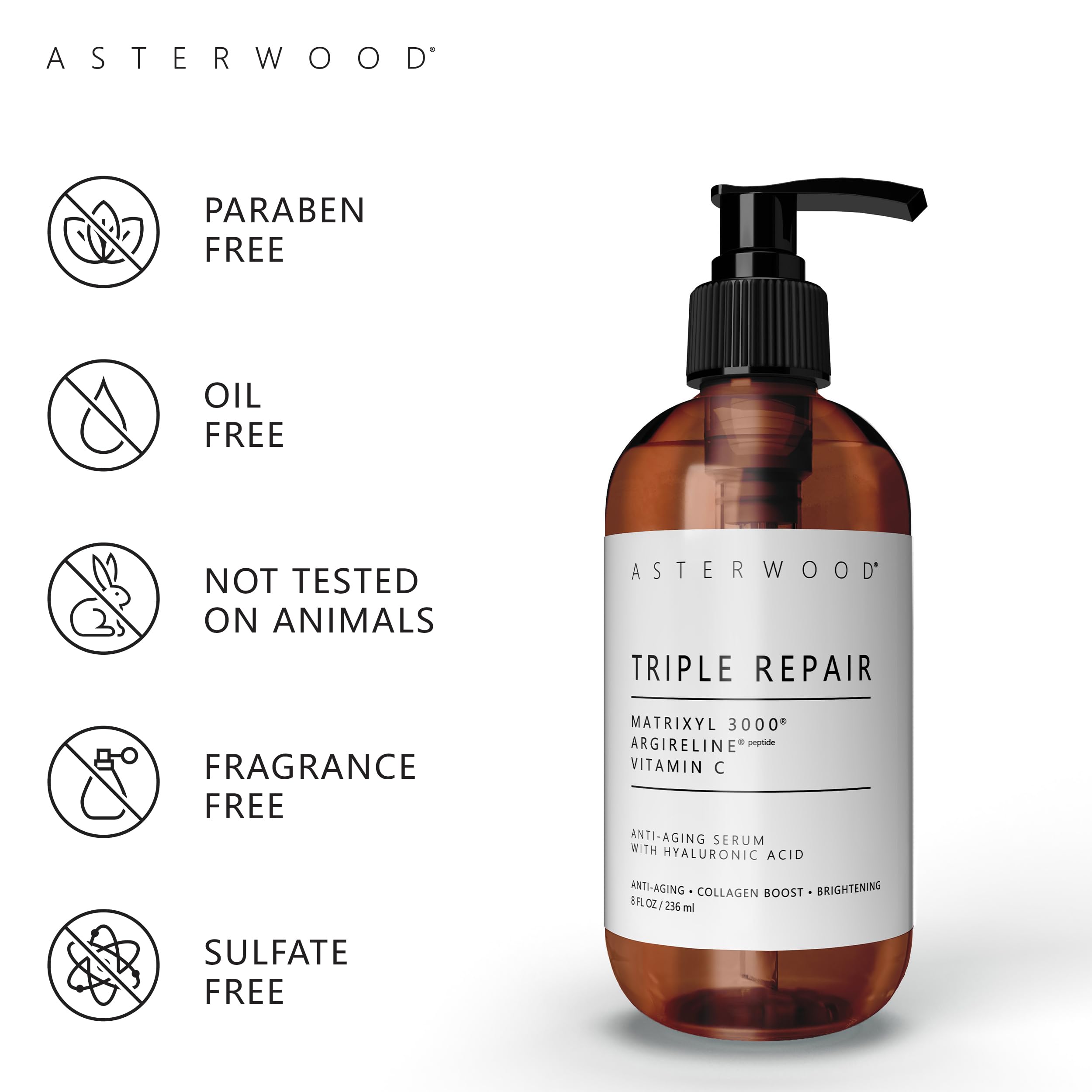 **Asterwood Hyaluronic Acid Serum + Triple Repair Serum + Vitamin C Serum + Matrixyl 3000 Serum (8 oz Each) – Anti-Aging Skincare Set for Hydration, Brightening & Wrinkle Reduction – Perfect for Daily Skincare Routine & Nighttime Use**