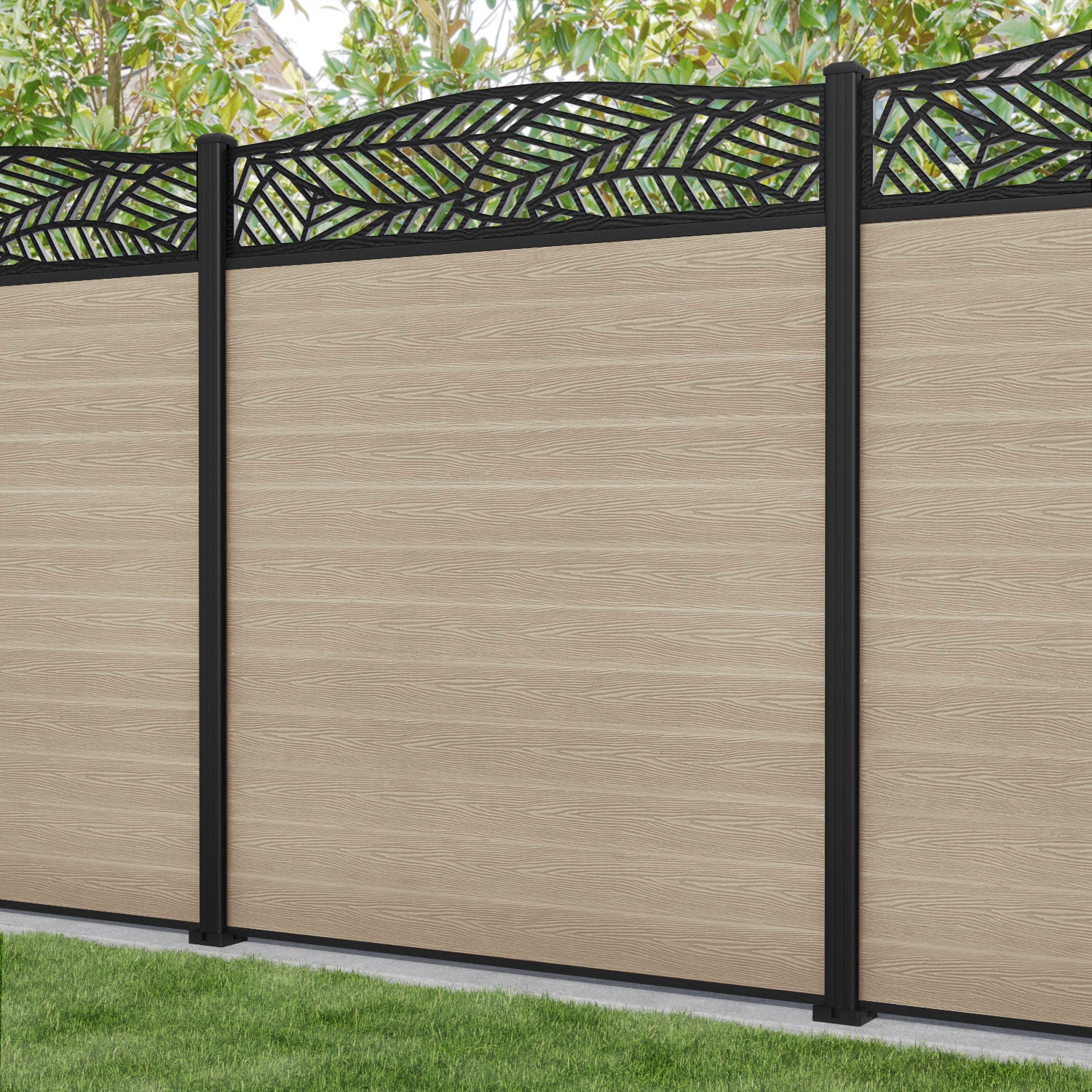 Classic Habitat Curved Top Fence Panel - Light Oak Wood with Aluminum Posts | Outdoor Garden Privacy Fence for Patio, Yard & Backyard Landscaping