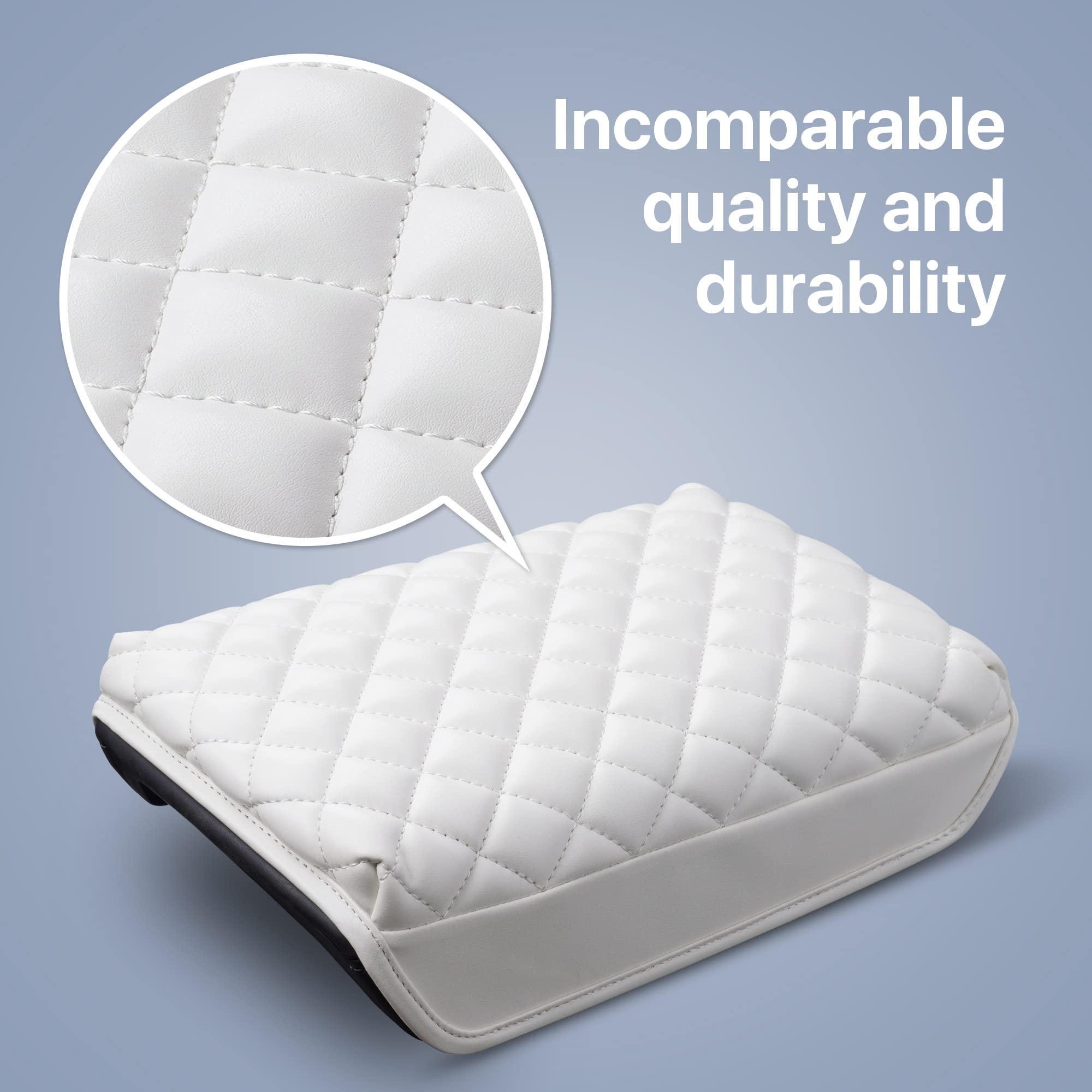 KMMOTORS Premium Quilted Vegan Leather Center Console Cover for Tesla Model Y & Model 3 - White Armrest Cushion & Console Protector Accessories | Perfect for Road Trips & Daily Commuting