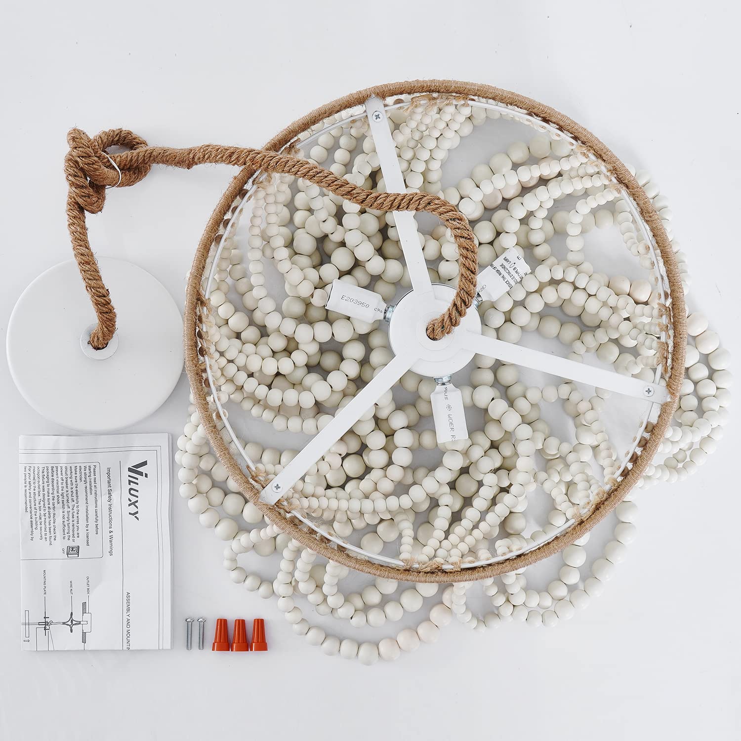 Bohemian Wood Beaded Pendant Light Fixture - Antique Rustic Mini Chandelier with White Finish | Perfect for Bedroom, Nursery, Dining Room, Hallway & Entryway Decor | 3-Light Hanging Ceiling Lamp for Boho Home & Farmhouse Style