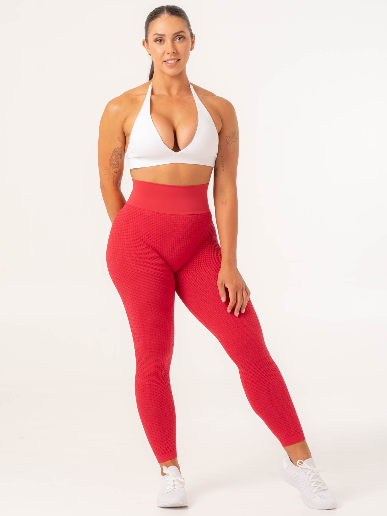 Honeycomb Scrunch Seamless Leggings for Women - Lipstick Red High Waist Yoga Pants, Tummy Control Workout Leggings - Perfect for Gym, Running, Yoga & Everyday Wear