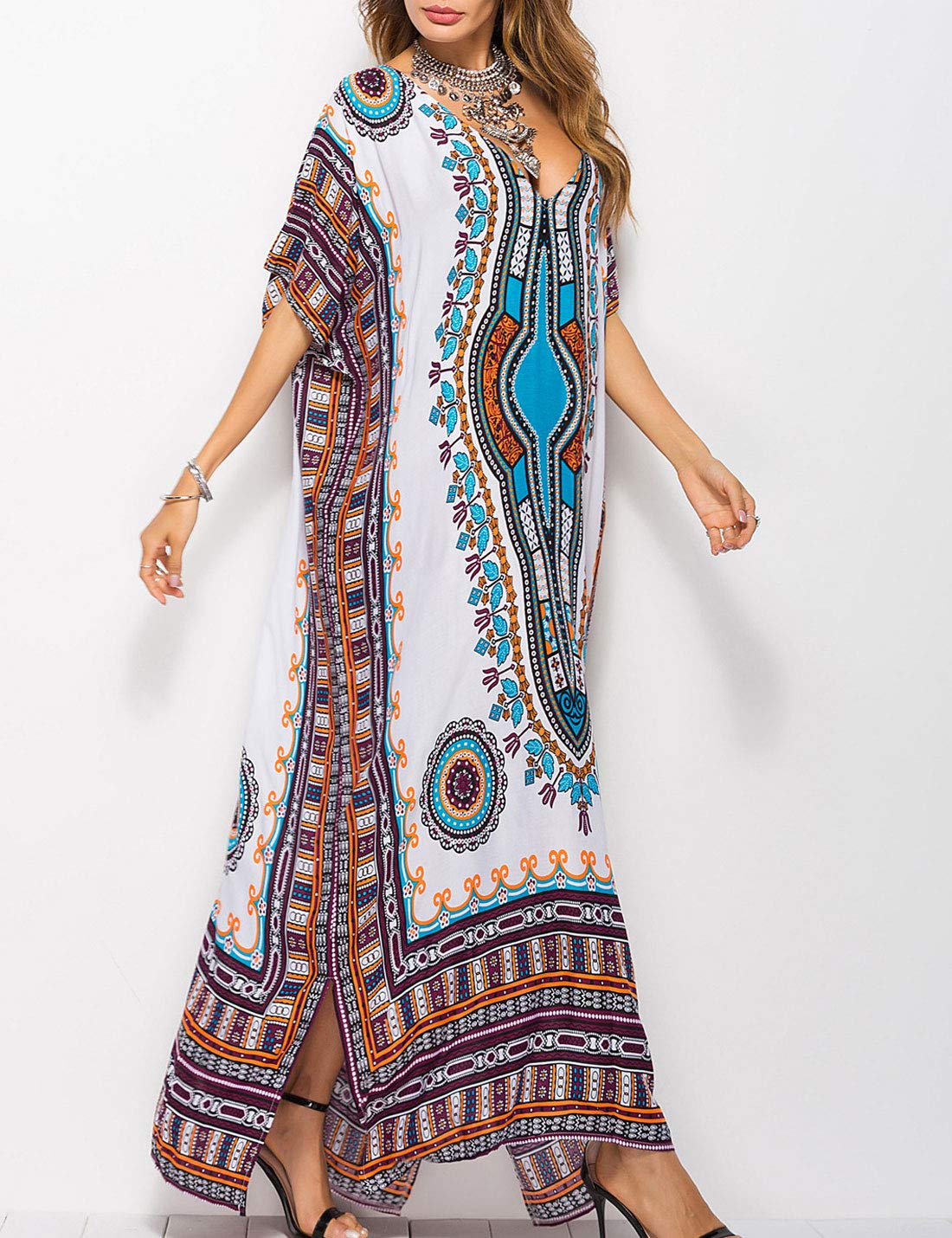Flygo Women's Casual Beach Kaftan Dress - Batwing Sleeve Loungewear & Swimsuit Cover Up | Perfect for Poolside, Vacation & Summer Outfits