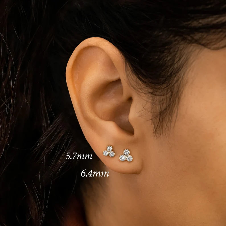 3 Stone Trio Bezel Set Stud Earrings for Women - 925 Sterling Silver Cubic Zirconia Earrings - Minimalist Elegant Jewelry Gift for Birthday, Anniversary & Valentine's Day