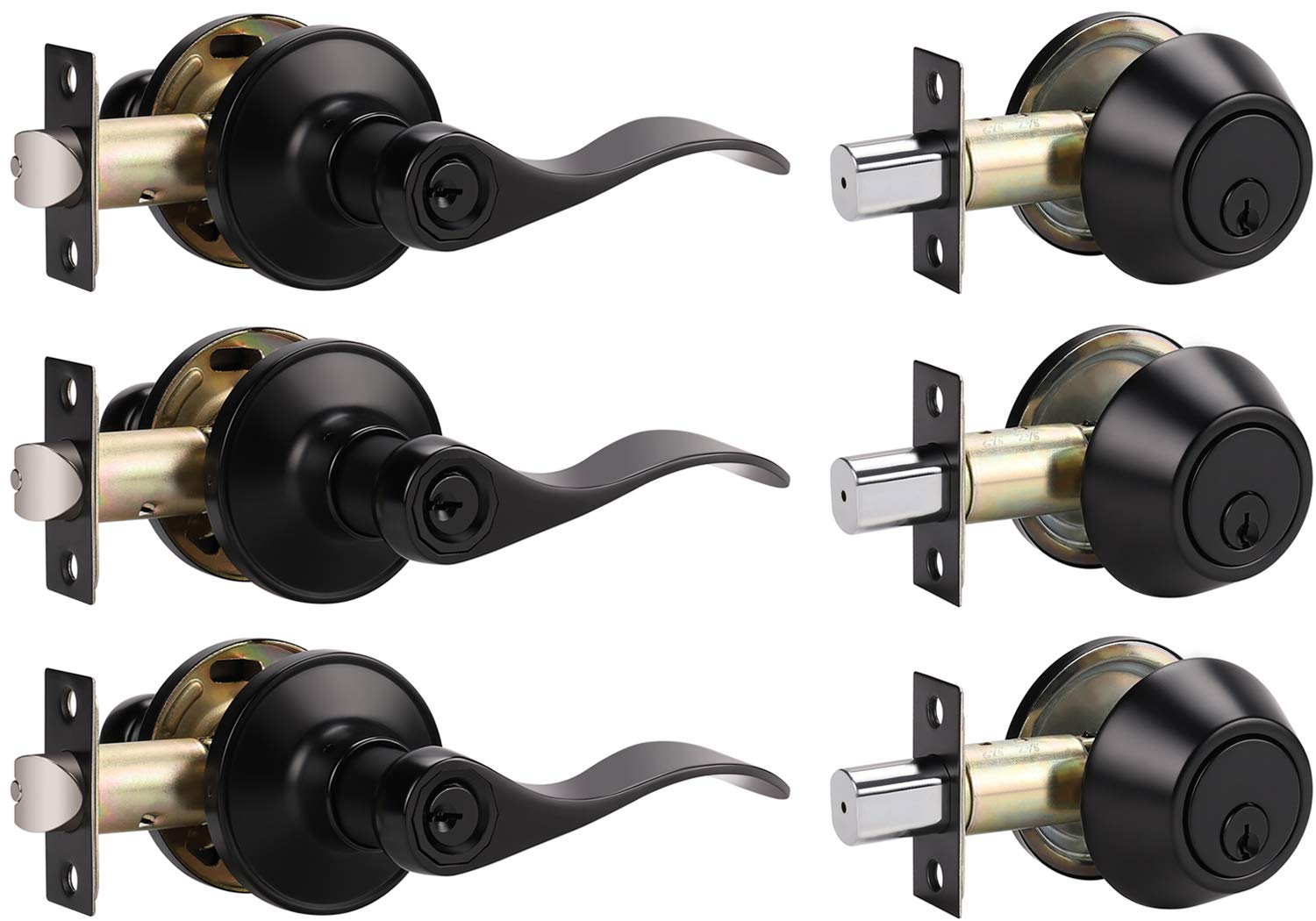 3 Pack Keyed Entry Door Lever Lock Set with Single Cylinder Deadbolt - Keyed Alike Combination for Exterior & Front Doors - Reversible Right/Left Hand - Matte Black Finish - Perfect for Home Security & Entryway Protection