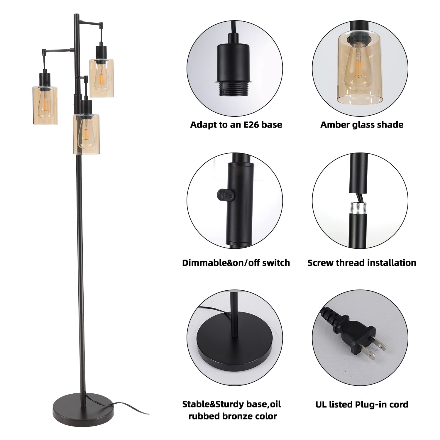 Liylan Farmhouse Floor Lamp - Dimmable Rustic Tree Standing Light with Amber Glass Shade, Oil Rubbed Bronze Finish, 3-Light Tall Pole Lighting for Living Room, Bedroom & Reading Nook | Perfect for Cozy Home Decor & Ambient Lighting
