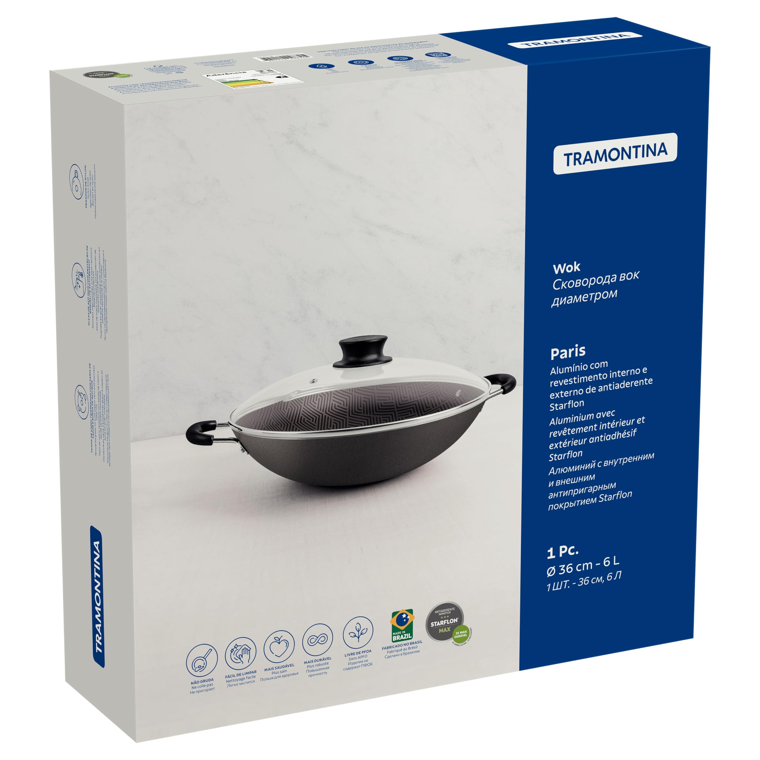 Tramontina Paris 36cm Aluminum Wok with Starflon Max Non-Stick Coating & Glass Lid - 6.0L Capacity - Perfect for Stir-Frying, Deep Frying & Asian Cooking