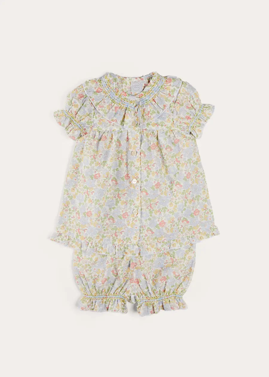 Clara Floral Ruffle Collar Short Sleeve Pajamas for Girls - Green Cotton Sleepwear (18 Months to 10 Years) | Comfortable Nightwear for Bedtime & Sleepovers