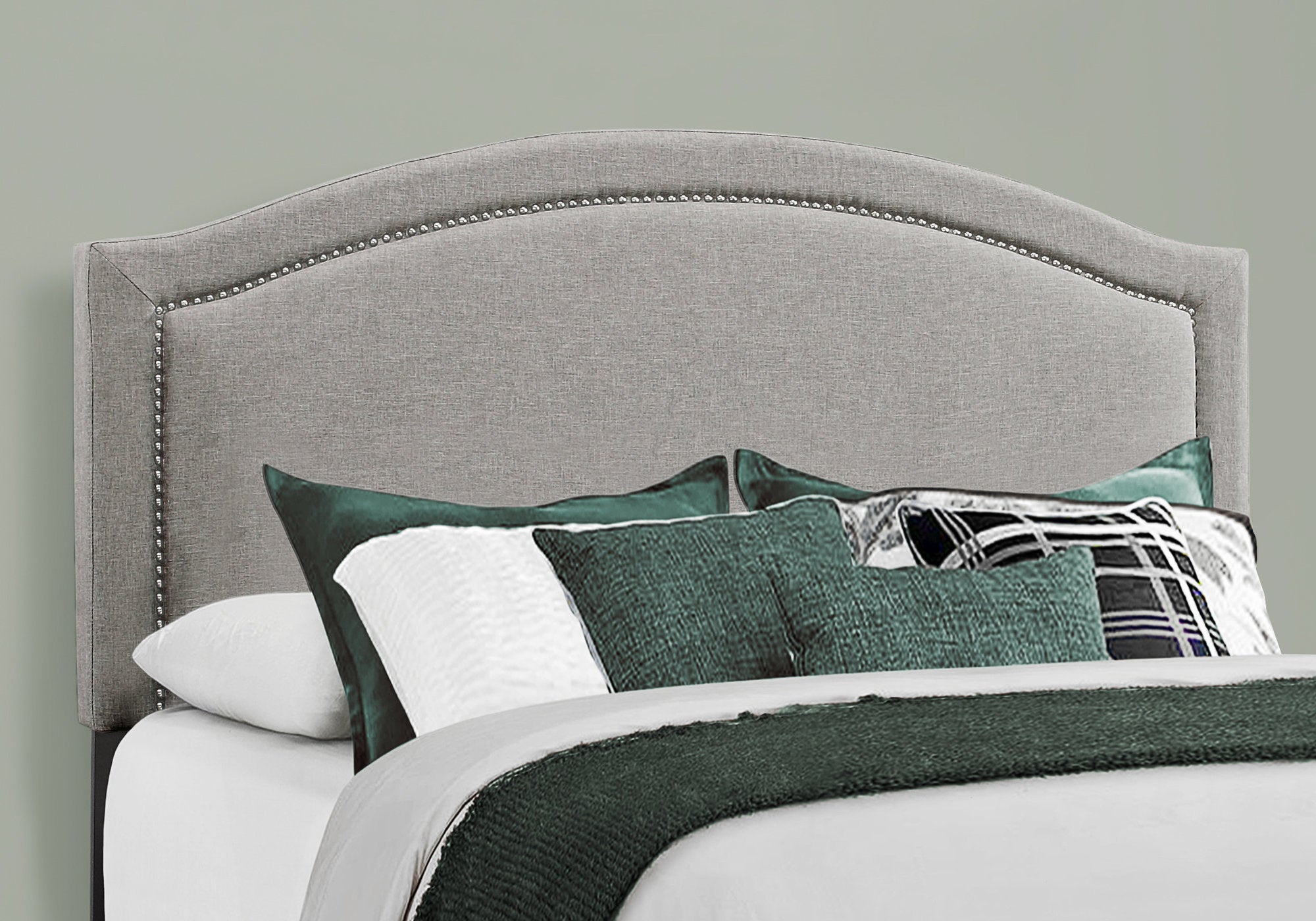 Queen Size Bed Frame with Grey Linen Upholstery & Chrome Trim - Modern Platform Bed for Bedroom, Guest Room, or Apartment