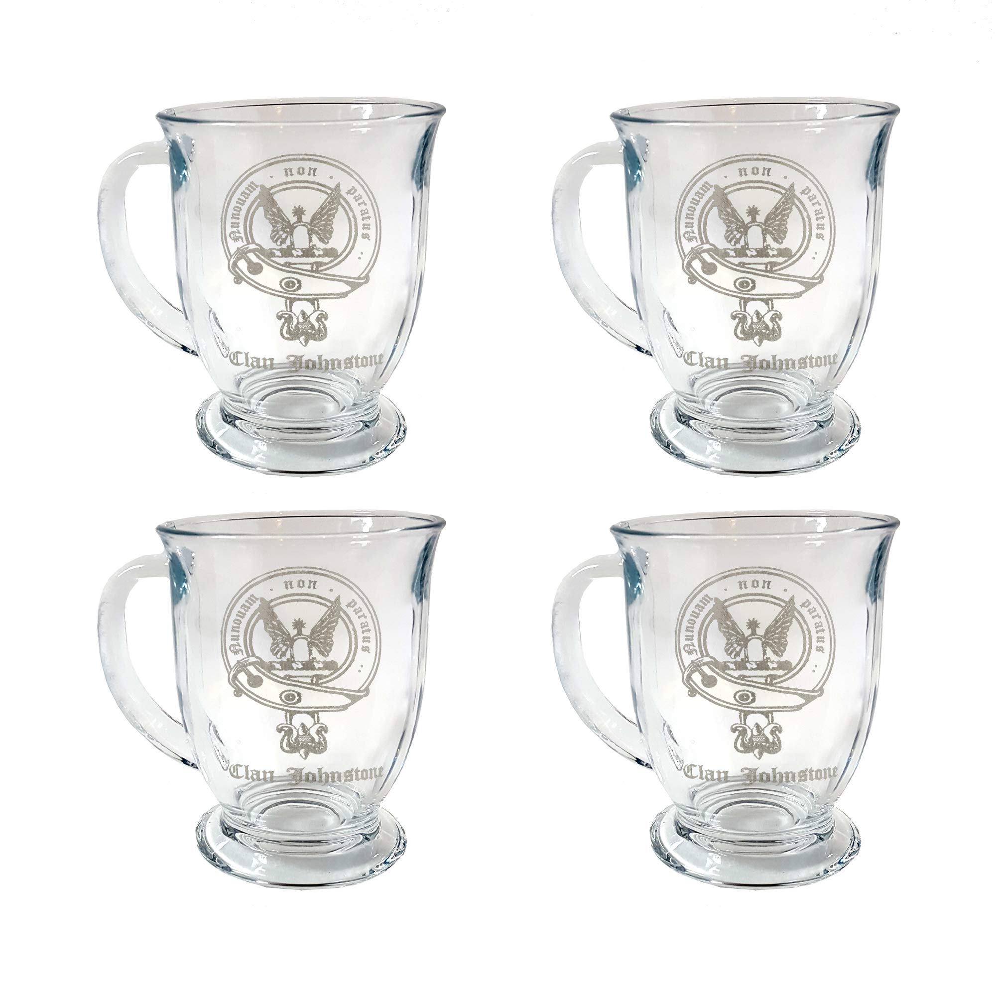 Johnstone Scottish Clan Crest Coffee Glass Set - 12oz (4 Pack) - Personalized Engraving - Perfect for Scottish Heritage Gifts, Home Decor & Coffee Lovers