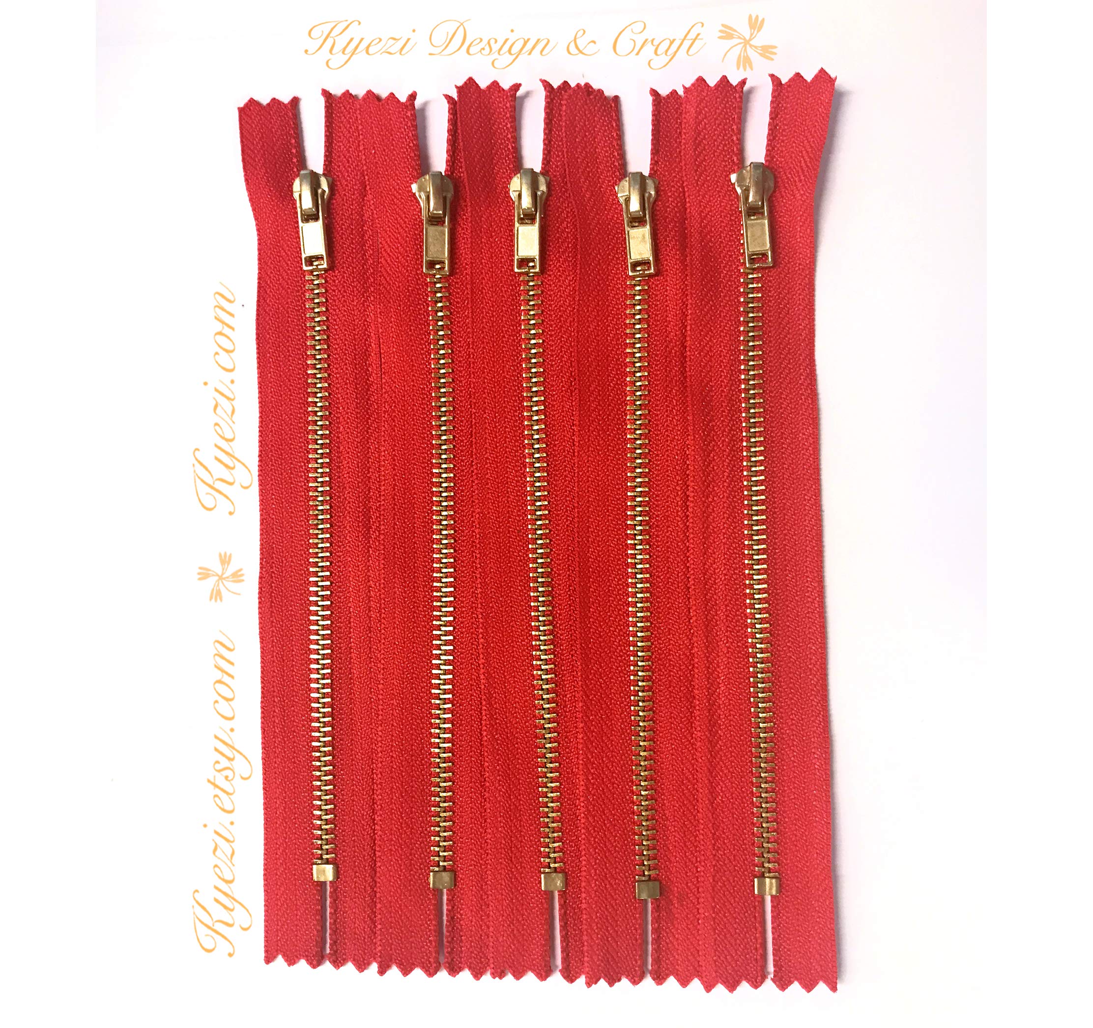 10-Pack Brass Gold Metal Teeth Zippers for DIY Crafts - Kyezi Design (7 Inch, Red) - Perfect for Handmade Bags, Jackets & Fashion Accessories