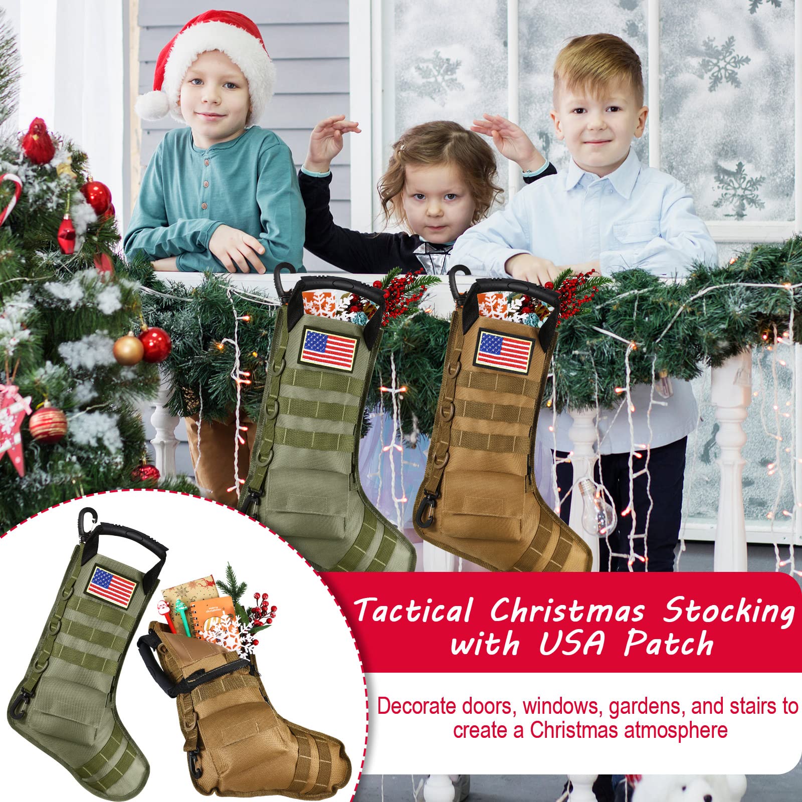 WILLBOND 2 Pack Tactical Military Christmas Stockings with American Flag Patches - MOLLE Compatible Gear Pouch for Holiday Decorations, Xmas Tree Ornaments & Home Decor (Bright Style) - Perfect for Military-Themed Christmas, Soldier Gifts & Patriotic Holiday Decor