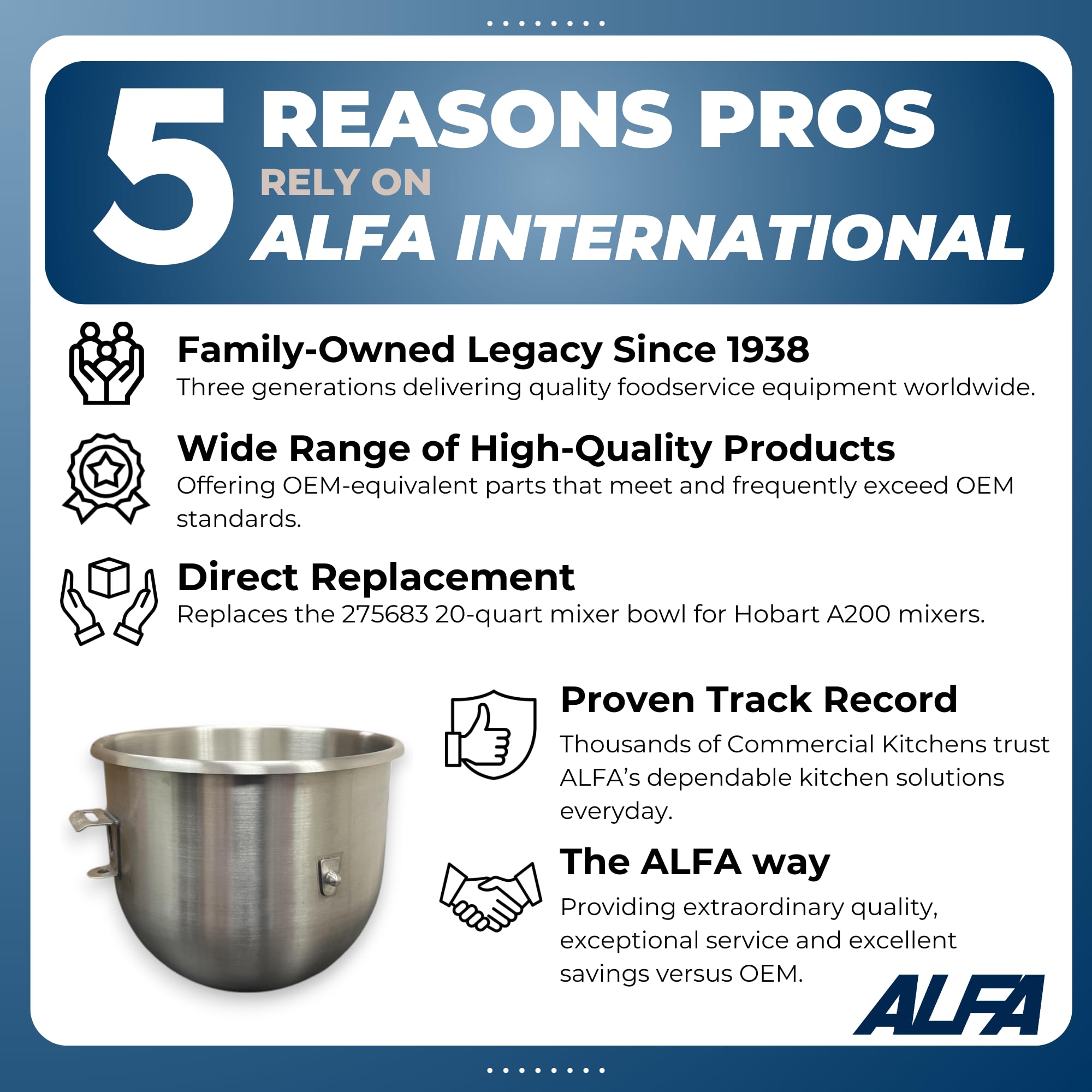 Alfa 20VBWL 20-Quart Stainless Steel Mixing Bowl Replacement for Hobart A200 Series Commercial Mixers | Compatible with Hobart 275683 | Durable Restaurant & Bakery Use for Dough, Batter & Food Prep