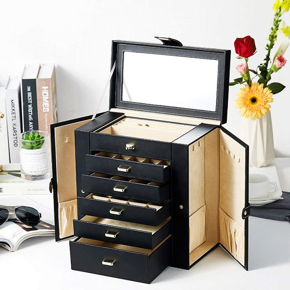 Slivy 6-Layer Jewelry Organizer Box for Women - Large PU Leather Storage Case with Mirror for Jewelry, Sunglasses & Watches - Perfect Gift for Girls & Women (Black) - Ideal for Travel, Home Decor & Vanity Organization