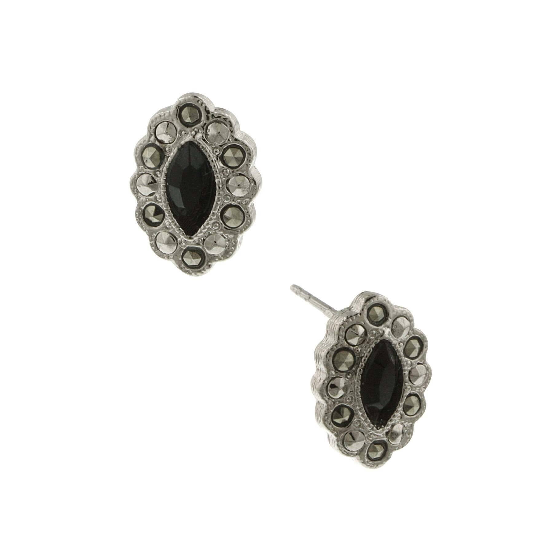 Vintage 1928 Marcasite & Black Navette Button Earrings for Women - Elegant Dangle Drop Earrings for Party, Wedding & Evening Wear