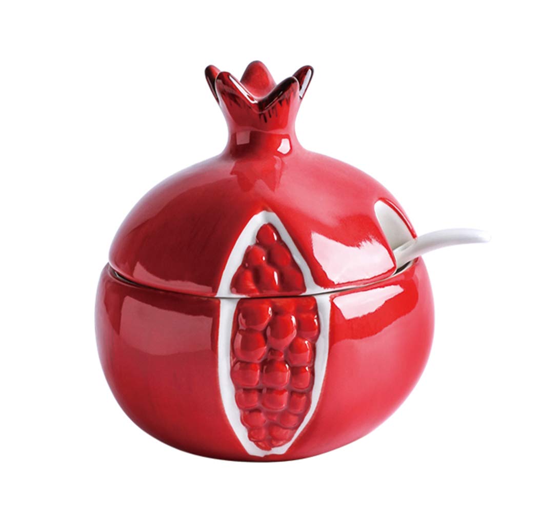 Premium Ceramic Pomegranate-Shaped Sugar Bowl with Spoon - Elegant Spice & Seasoning Storage Jar for Tea, Coffee, Baking & Kitchen Decor