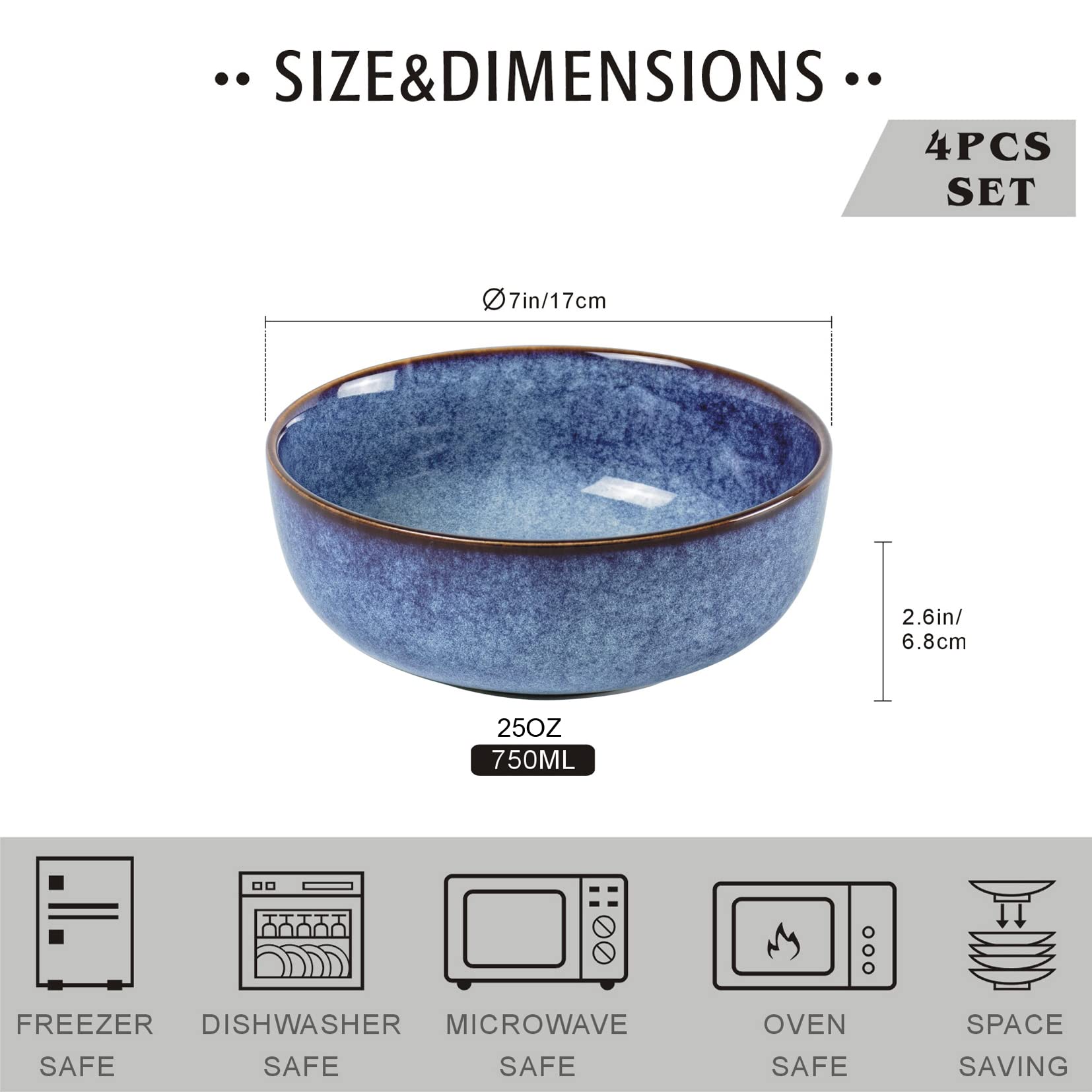 UNICASA 25oz Ceramic Bowl Set - Microwave & Dishwasher Safe Soup, Cereal, Pasta Bowls for Salad, Fruit, Dinner | Perfect for Family Meals, Restaurant Use & Daily Dining (Blue)