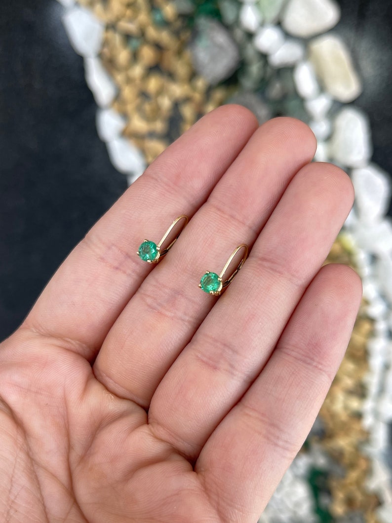 0.80tcw 14K Yellow Gold Round Emerald Leverback Earrings for Women - Dainty Green Gemstone Stud Earrings for Everyday Wear & Special Occasions