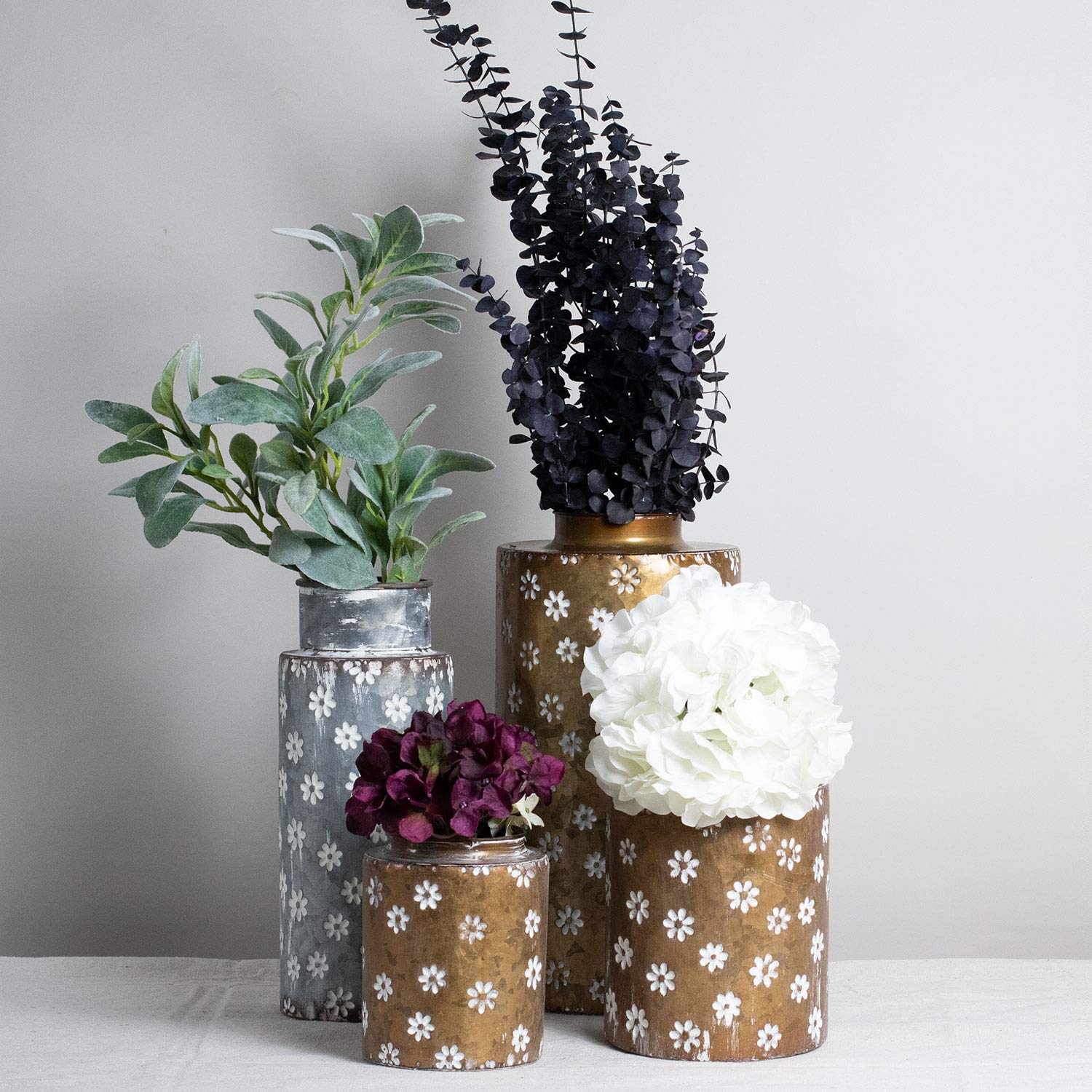 Rustic Whitewashed Floral Galvanized Metal Decorative Vase - Medium Brass Farmhouse Style Home Decor for Living Room, Bedroom, or Wedding Centerpiece