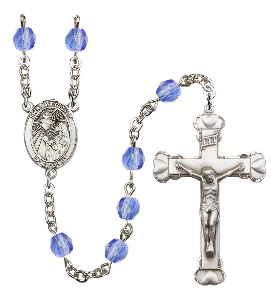 6mm Sapphire Fire Polished Beads Silver Rosary with 1 5/8