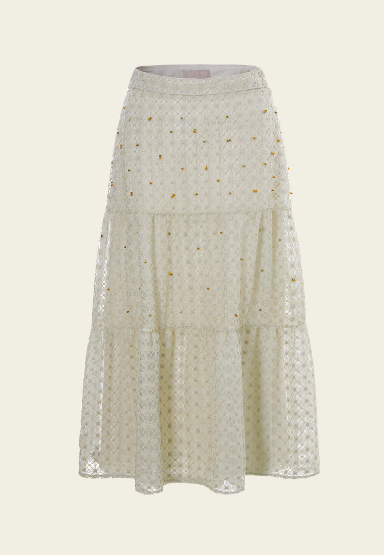 Elegant Panelled Lace Midi Skirt for Women - Floral Embroidery A-Line Skirt with High Waist - Perfect for Weddings, Parties & Office Wear
