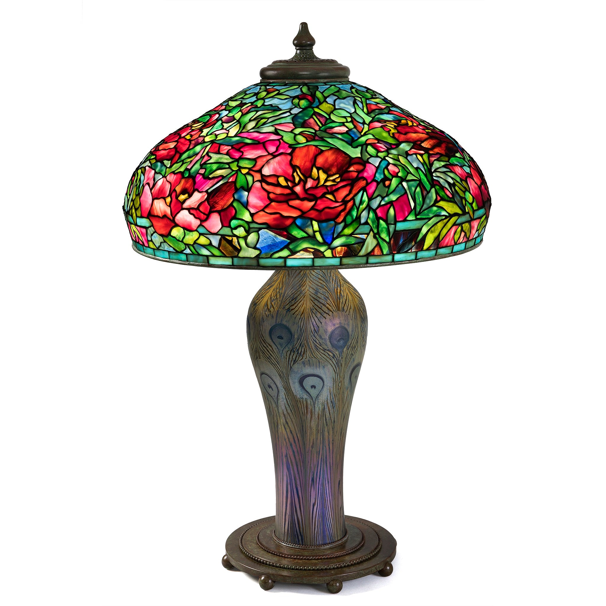 Tiffany Studios New York Elaborate Peony Table Lamp - Stained Glass Floral Design, Antique Style Home Decor for Living Room, Bedroom & Office Lighting
