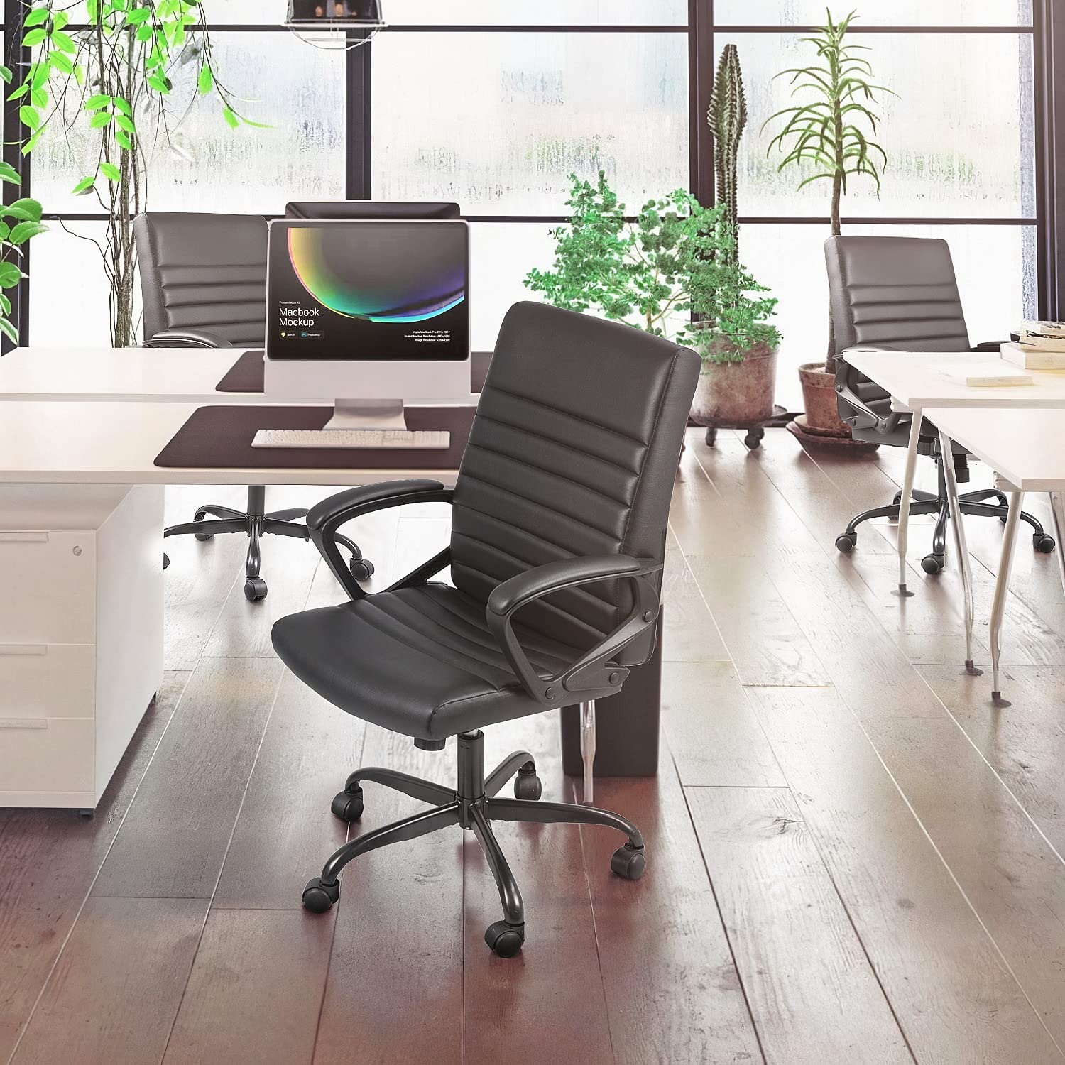Devoko Mid Back Office Chair - PU Leather Executive Desk Chair with Padded Arms, Swivel & Rolling Wheels - Ergonomic Computer Task Chair for Home & Office Workspace (Black) - Perfect for Long Hours of Sitting, Gaming, and Remote Work