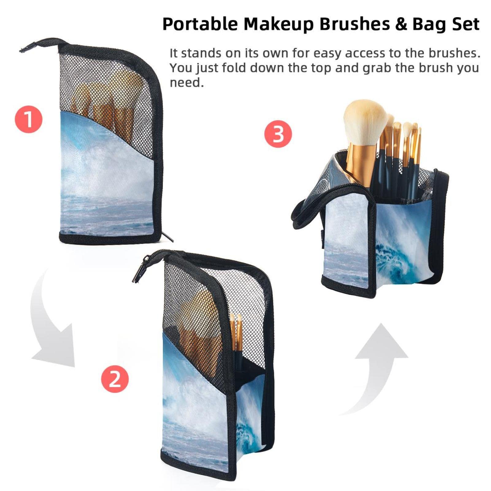 12-Piece Makeup Brush Organizer Bag with Ocean Wave Design - Portable Travel Cosmetic Brush Holder Case for Makeup Artists & Beauty Enthusiasts - Perfect for Travel, Home, and Professional Use