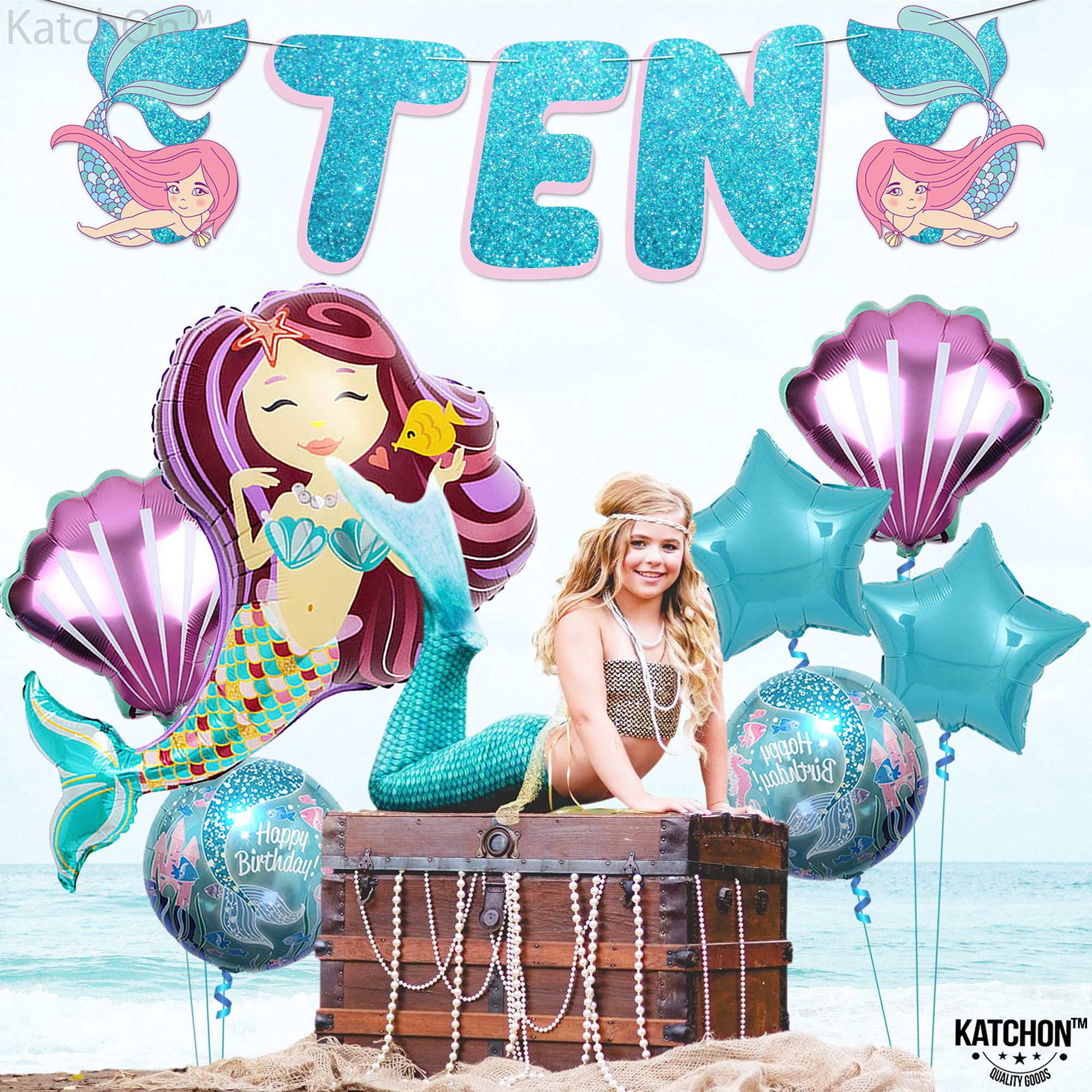 KatchOn Mermaid Birthday Decorations for Girls - 10th Birthday Party Supplies Set of 8 Mermaid Balloons | Perfect for Mermaid Themed Parties, Underwater Decor, and 10 Year Old Girl Celebrations