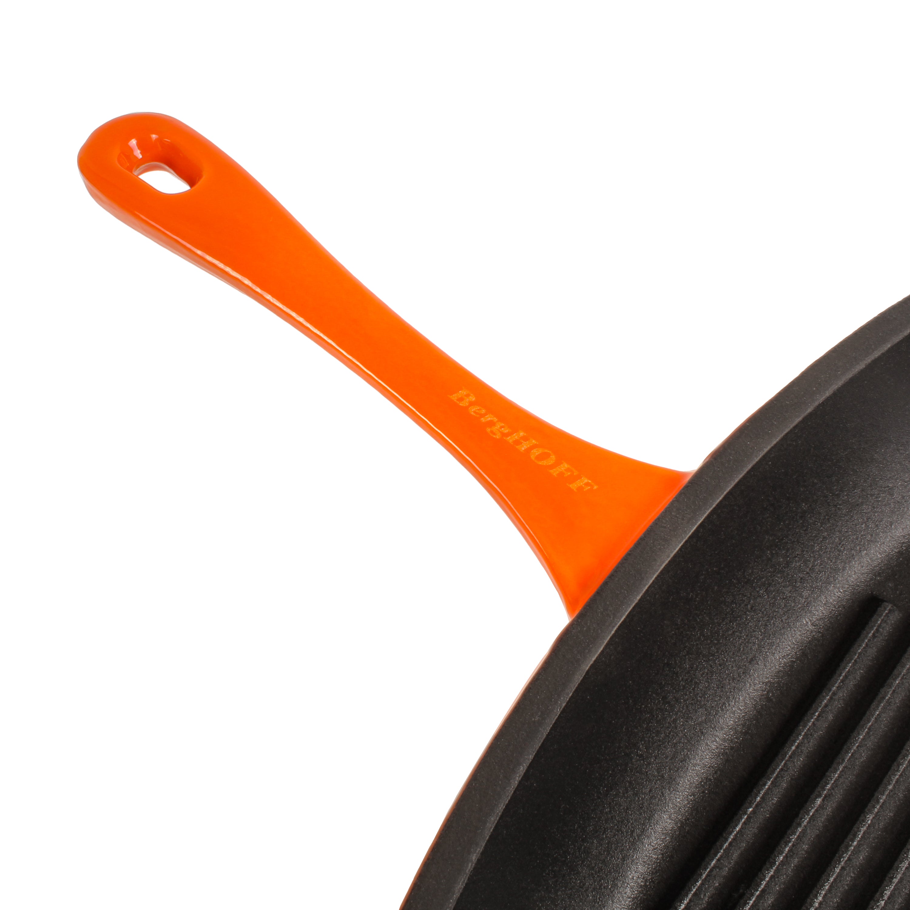 BergHOFF Neo 3-Piece Cast Iron Cookware Set - Grill Pan, Fry Pan & Slotted Steak Press - Orange Enamel Coating for Even Heat Distribution | Perfect for Stovetop, Oven & Outdoor Cooking - Ideal for Steaks, Burgers, Pancakes & More