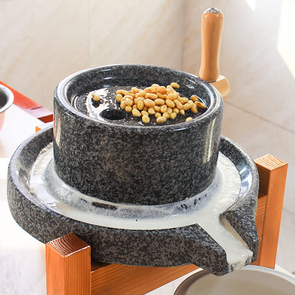 Handmade Vintage Natural Granite Stone Mill Grinder - 8.6IN x 13.7IN Rustic Wooden Stand for Rice, Wheat, Soy, Grains & Spices | Perfect for Home Baking, Traditional Cooking & Organic Flour Making