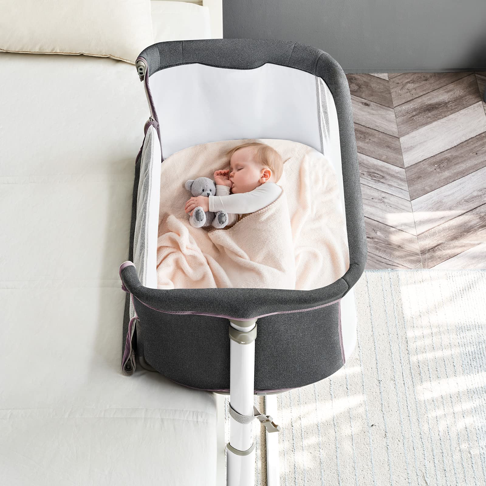 RONBEI Baby Bassinet Bedside Sleeper - Portable & Easy to Assemble Crib for Newborns & Infants, Dark Grey - Perfect for Nursery, Bedroom & Travel Use