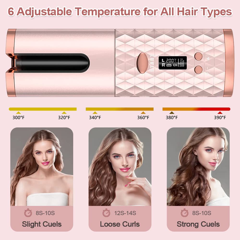 Automatic Curling Iron - Cordless Auto Hair Curler with 6 Temperature Settings & Timers, USB Rechargeable Ceramic Barrel Curling Wand for Fast Heating, Perfect for Travel, Home & Salon Styling (Great for Beach Waves, Party Hairstyles & Everyday Looks)