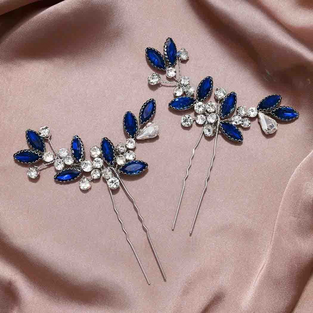 Casdre Crystal Bridal Hair Pins - Rhinestone Wedding Hair Accessories for Women & Girls (Pack of 2, Blue) | Perfect for Bridal Parties, Prom, and Formal Events
