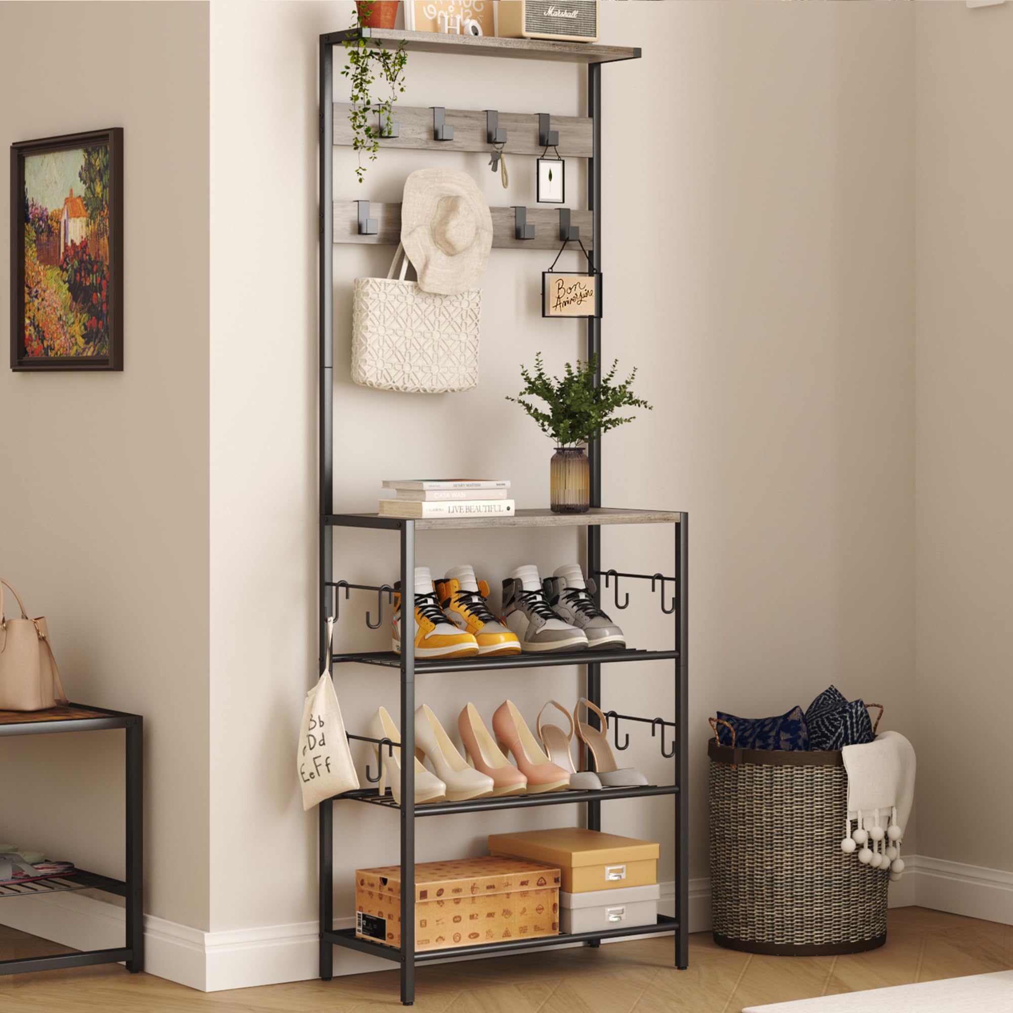 HOMEFORT 5-Tier Coat Rack with Shoe Storage & 9 Clothes Hooks - Freestanding Entryway Hall Tree Organizer for Bedroom, Living Room, Closet - Space Saving Grey Home Decor (Perfect for Small Apartments & Mudroom Organization)