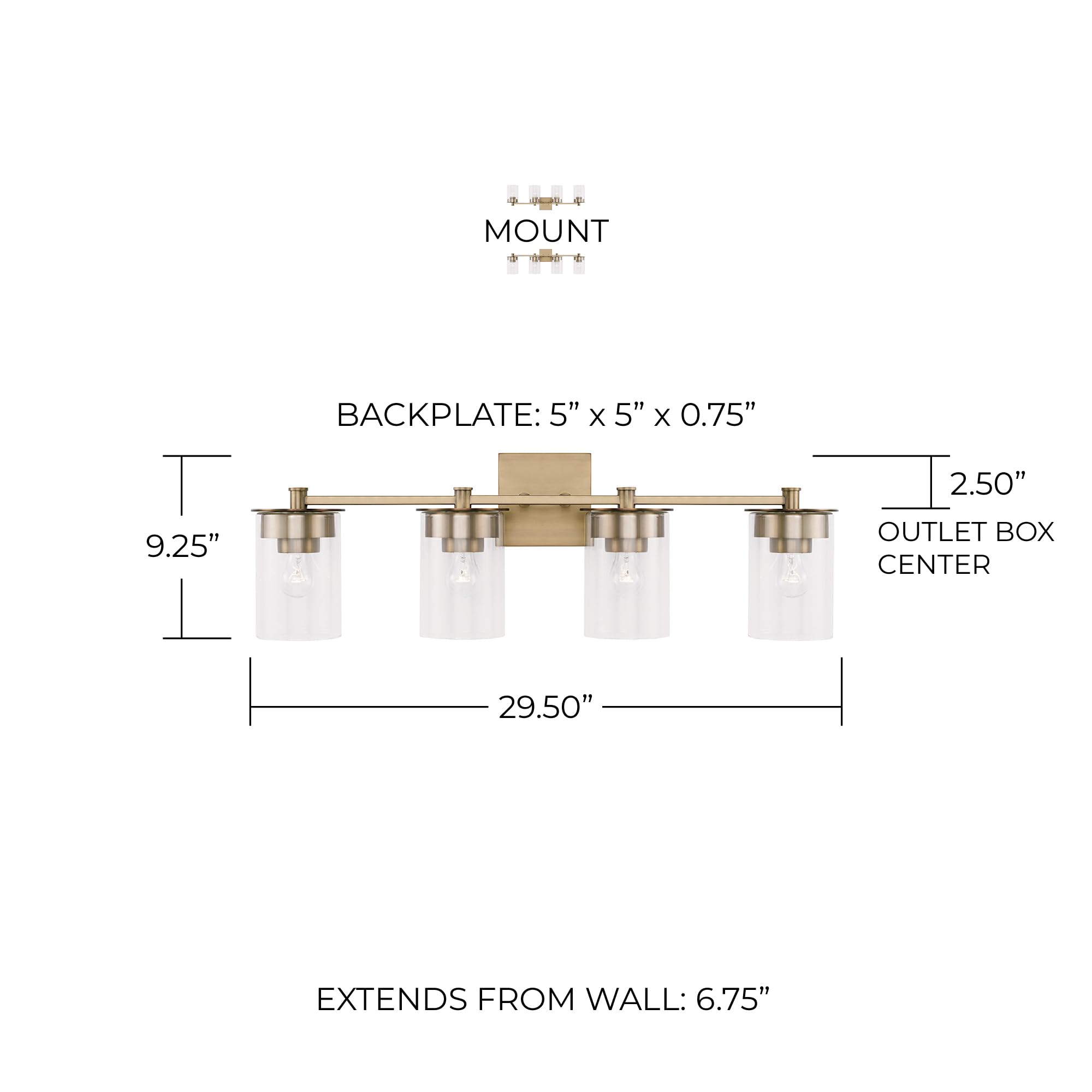 HomePlace Lighting 146841AD-532 Mason Transitional Clear Glass Cylinder Vanity Light Fixture - 4-Light Bathroom Sconce, 400W Total, Brass Finish, 9