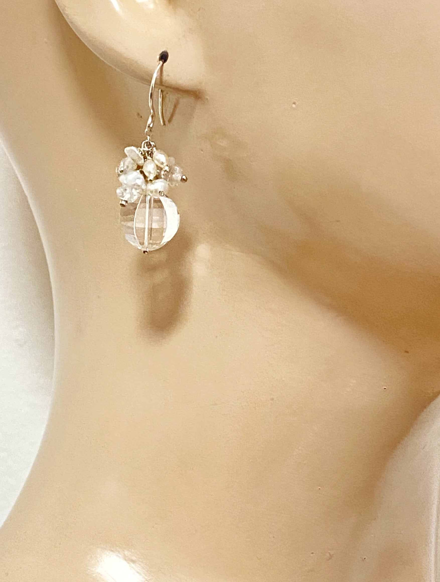 Cut Crystal Quartz & Keishi Pearl Cluster Earrings in Sterling Silver - Elegant Jewelry for Women, Perfect for Weddings, Parties & Special Occasions