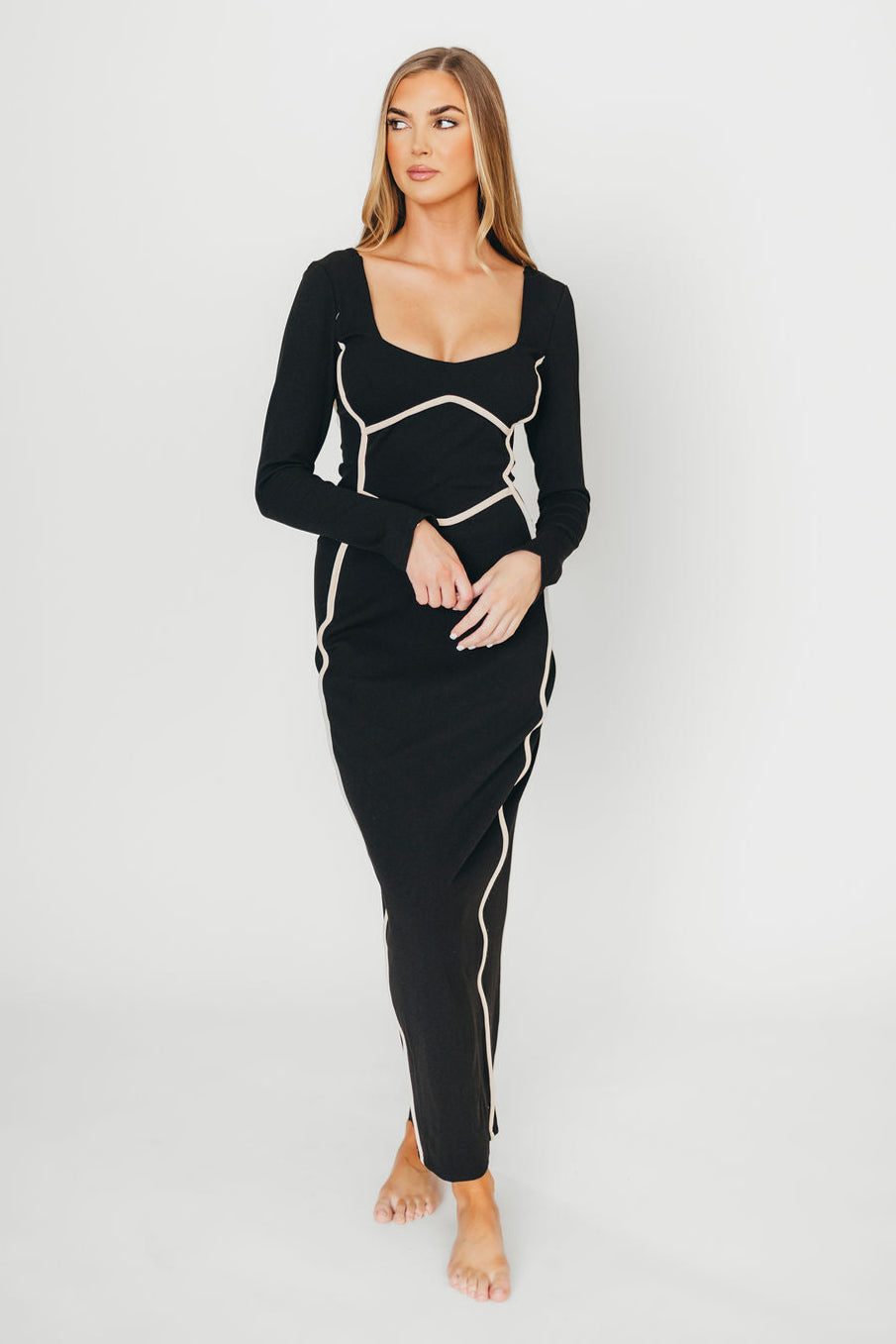 Shana Black Bodycon Midi Dress with Piping Trim - Slim Fit Party Cocktail Dress for Women | Perfect for Night Out, Date Night & Special Occasions