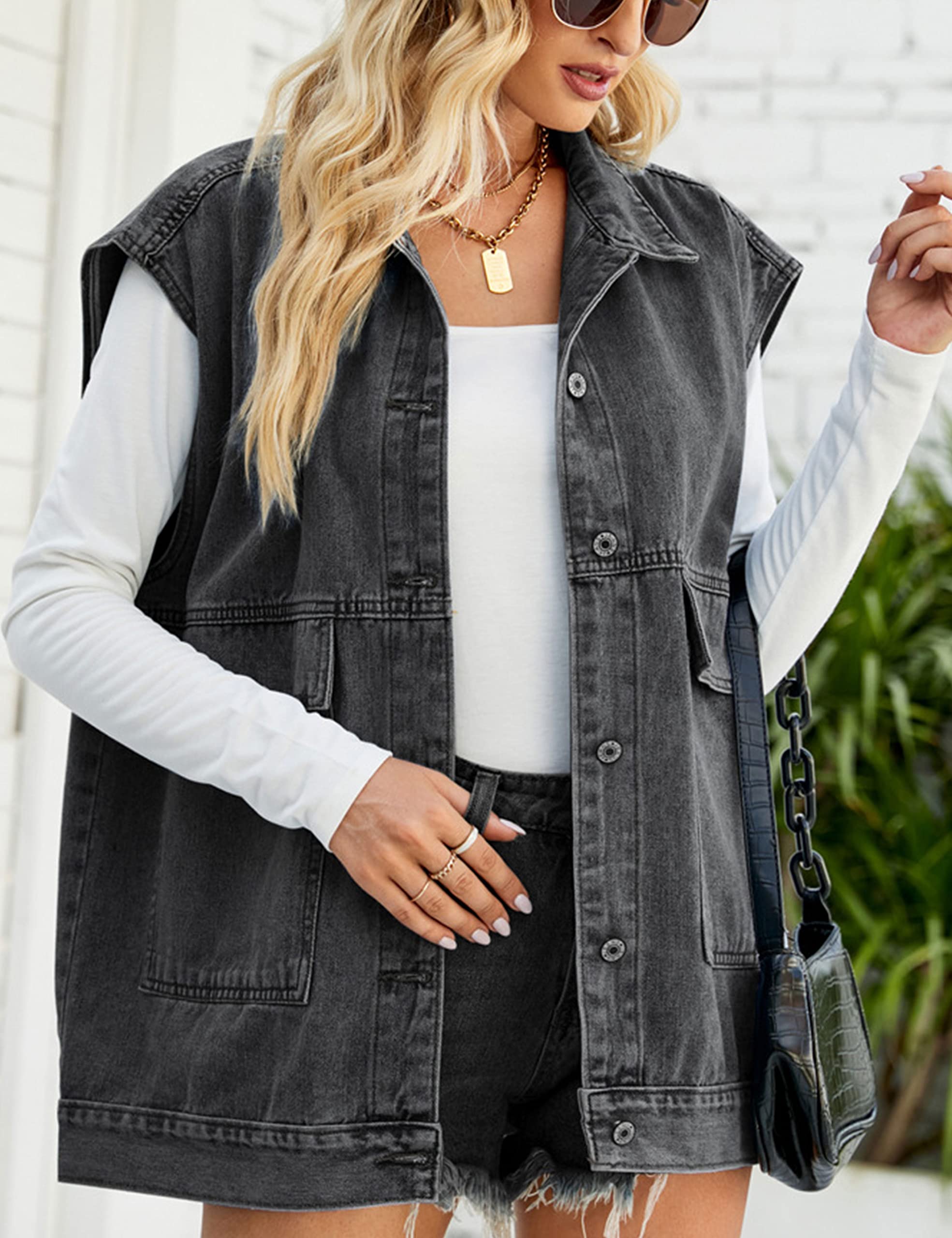 Zontroldy Women's Oversized Denim Vest - Sleeveless Button Down Jean Waistcoat Shacket Jacket for Casual Outfits & Layering