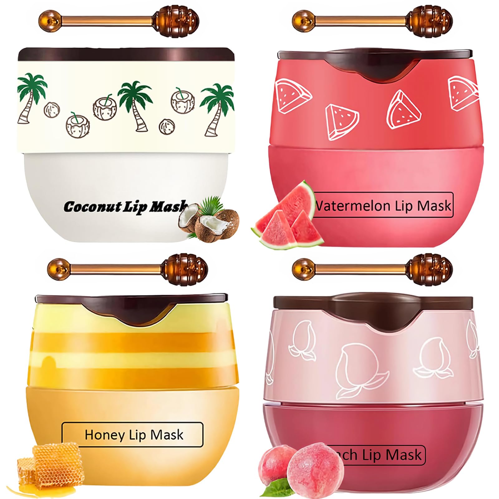 4 PCS Honey Bee Lip Balm Set - Coconut, Watermelon & Peach Flavored Lip Care with Sticks, Overnight Sleeping Lip Mask for Dry & Cracked Lips - Perfect for Daily Moisturizing, Nighttime Repair & Travel Use
