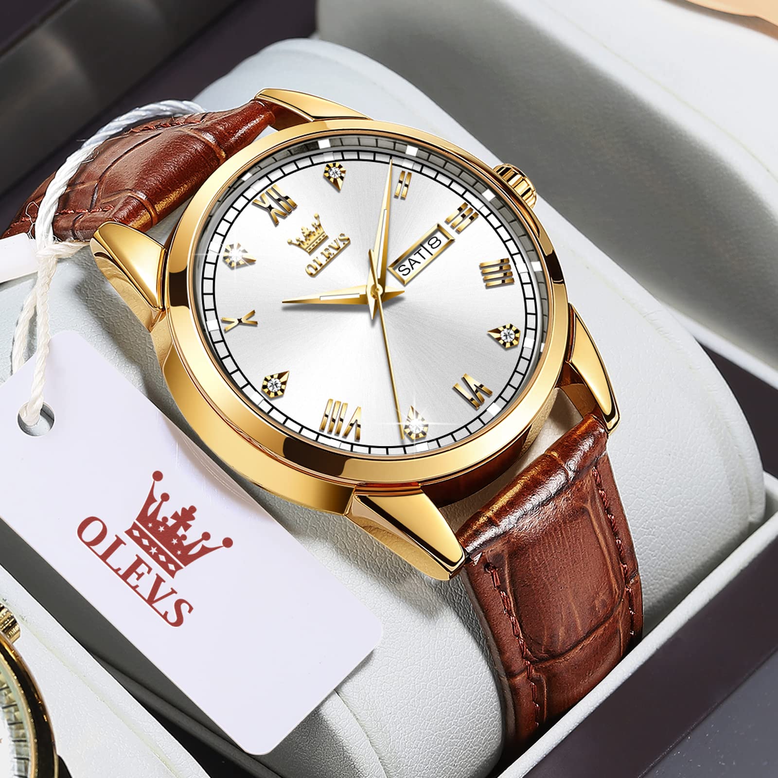 OLEVS Men's Brown Leather Watch - Rose Gold Quartz, Waterproof for Daily Wear & Dress Occasions