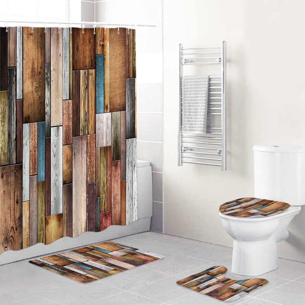 4-Piece Shower Curtain Set with Waterproof Curtain, Toilet Lid Cover & Bath Mat - Ultra Soft Microfiber Bathroom Accessories for Home & Hotel Use - Includes 12 Hooks for Easy Installation (Ideal for Bathroom Decor & Water Protection)