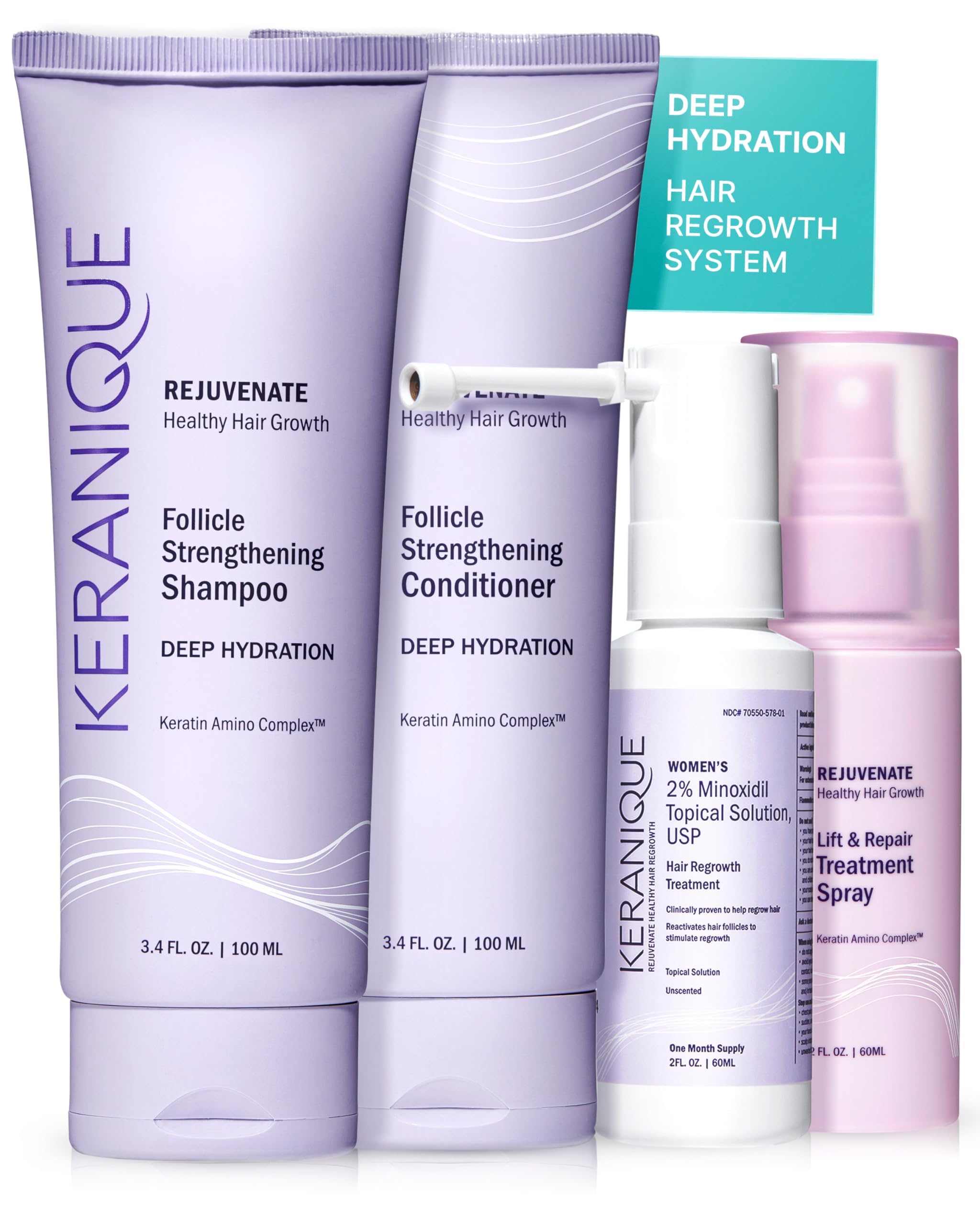 Keranique Hair Growth Treatment for Women - Minoxidil Regrowth System with Hydrating Shampoo & Conditioner + Volumizing Spray | Effective Hair Loss Solution for Thinning Hair | Perfect for Daily Use & Salon-Quality Results at Home