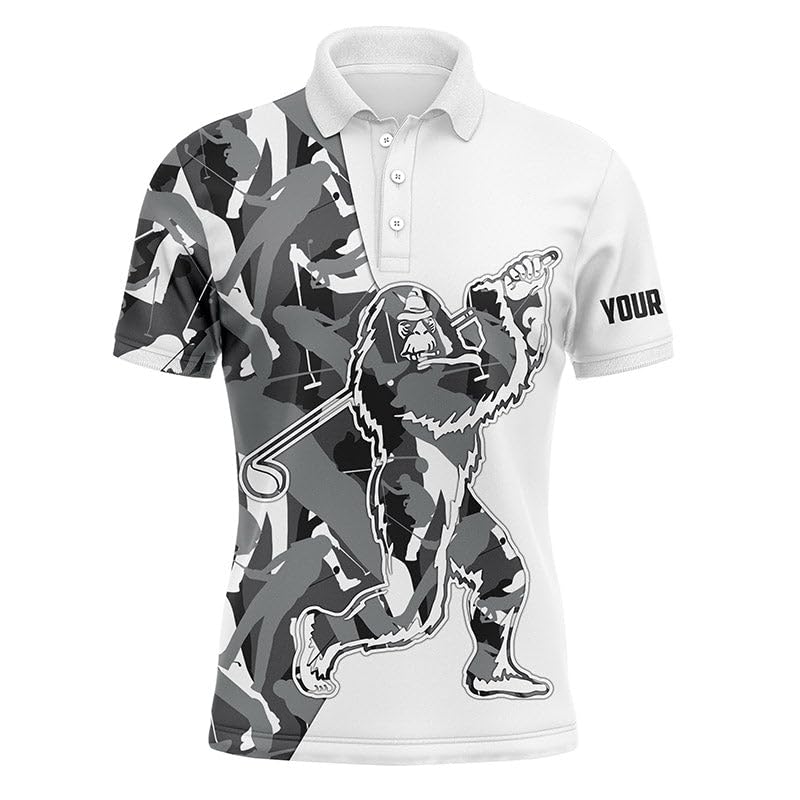Funny Bigfoot Golf Polo Shirts for Men - Gray Camouflage Pattern with Custom Name | Sasquatch Playing Golf Apparel | Short Sleeve Performance Shirt | Perfect Golf Gift for Men | Ideal for Golf Tournaments, Casual Wear & Outdoor Activities