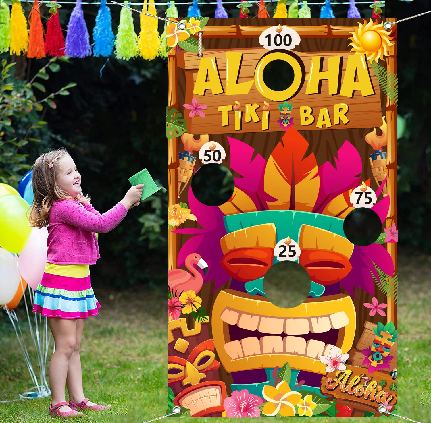 Luau Party Games Set - Tiki Party Decorations with 4 Bean Bags & Banner - Hawaiian Summer Party Supplies for Kids & Adults - Perfect for Backyard Luaus, Beach Parties & Tropical Themed Events
