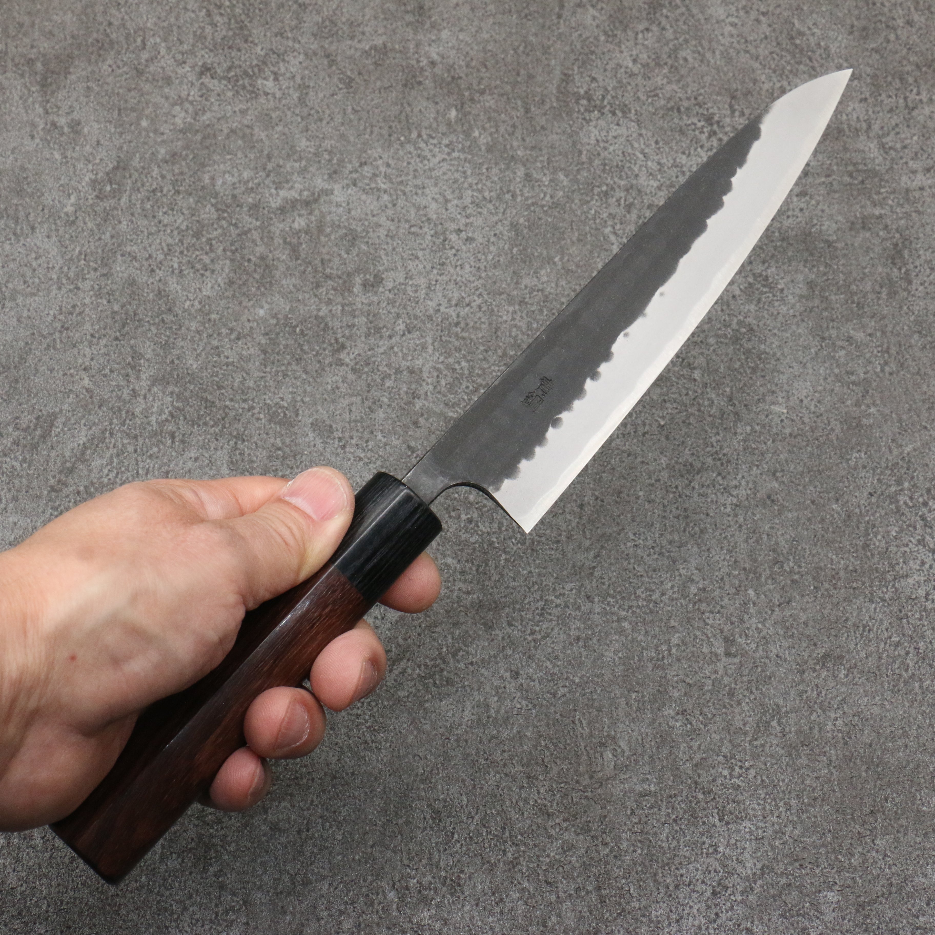 Nao Yamamoto 160mm Blue Steel Kurouchi Petty Utility Knife with Shitan Handle & Black Pakka Wood Ferrule - Perfect for Slicing, Peeling & Precision Kitchen Tasks