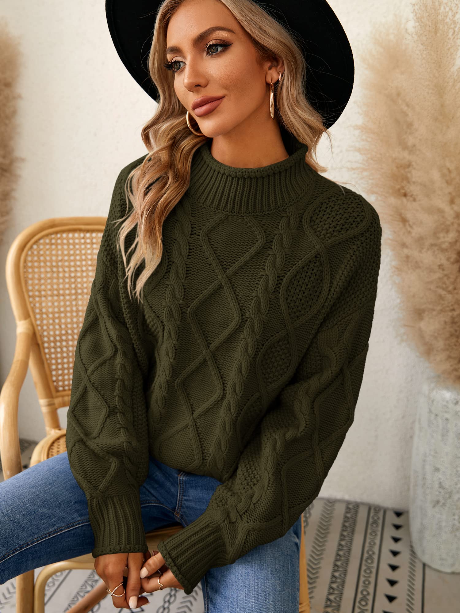 Women's Oversized Cable Knit Turtleneck Sweater - Batwing Long Sleeve Loose Fit Chunky Pullover Jumper Top for Winter Fashion & Casual Outfits