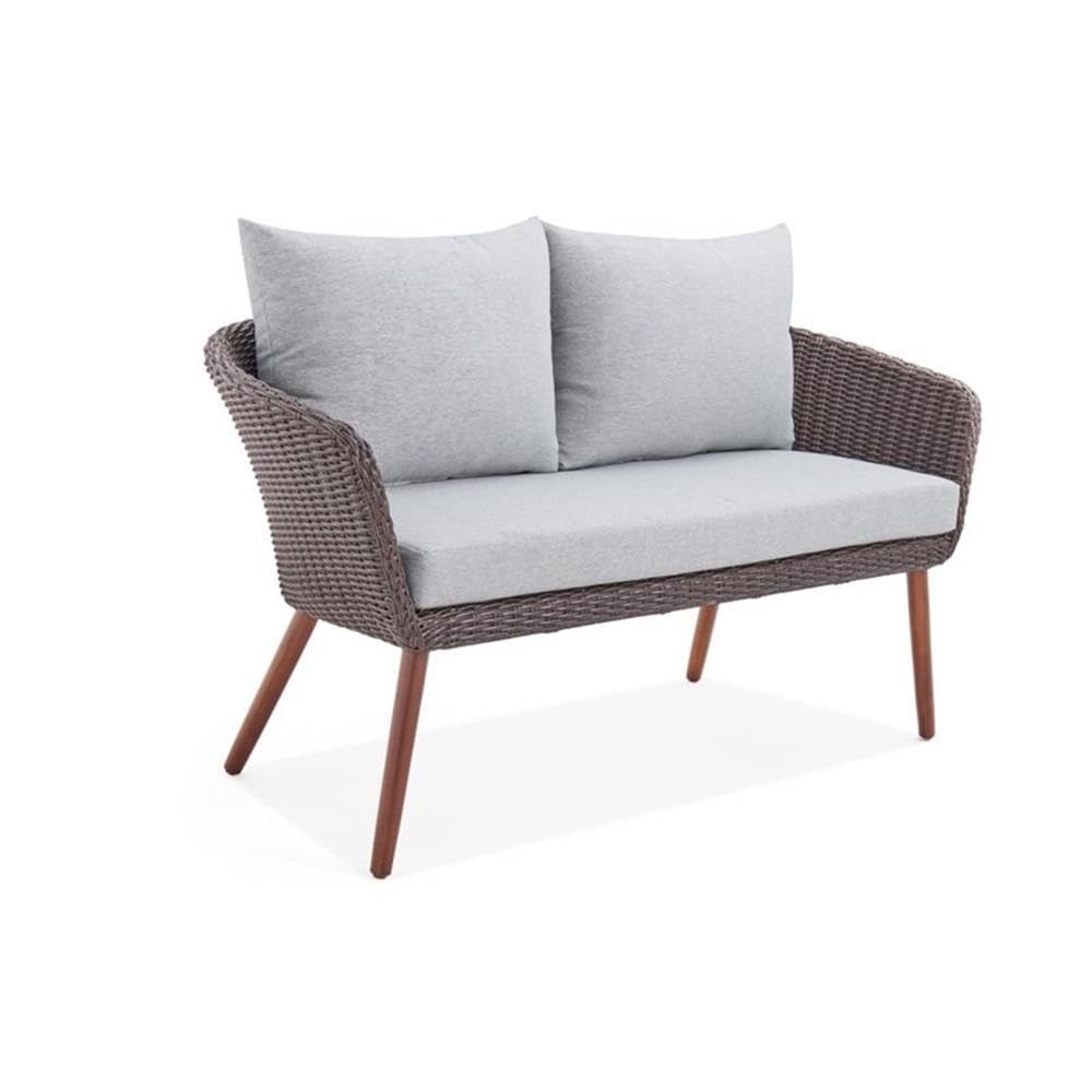 **Athens All-Weather Wicker 2-Seat Outdoor Patio Furniture Set with Removable Cushions - Modern Weatherproof Armchair & Bench with Wood Legs - Perfect for Patio, Porch, Garden, or Poolside Relaxation**