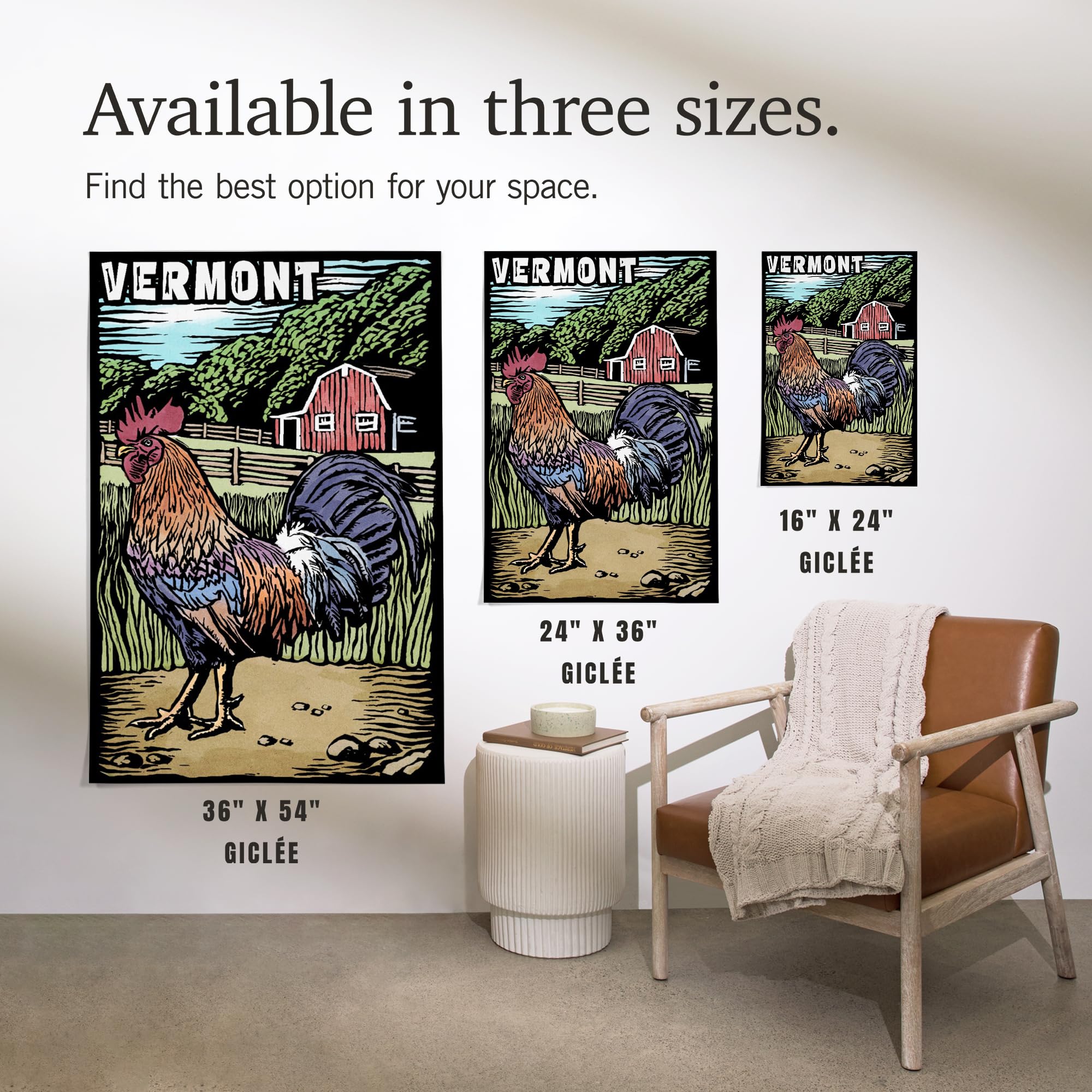 Lantern Press 16x24 Inch Giclee Print - Vermont Rooster Scratchboard Art - Premium Wall Decor for Home, Office & Cabin